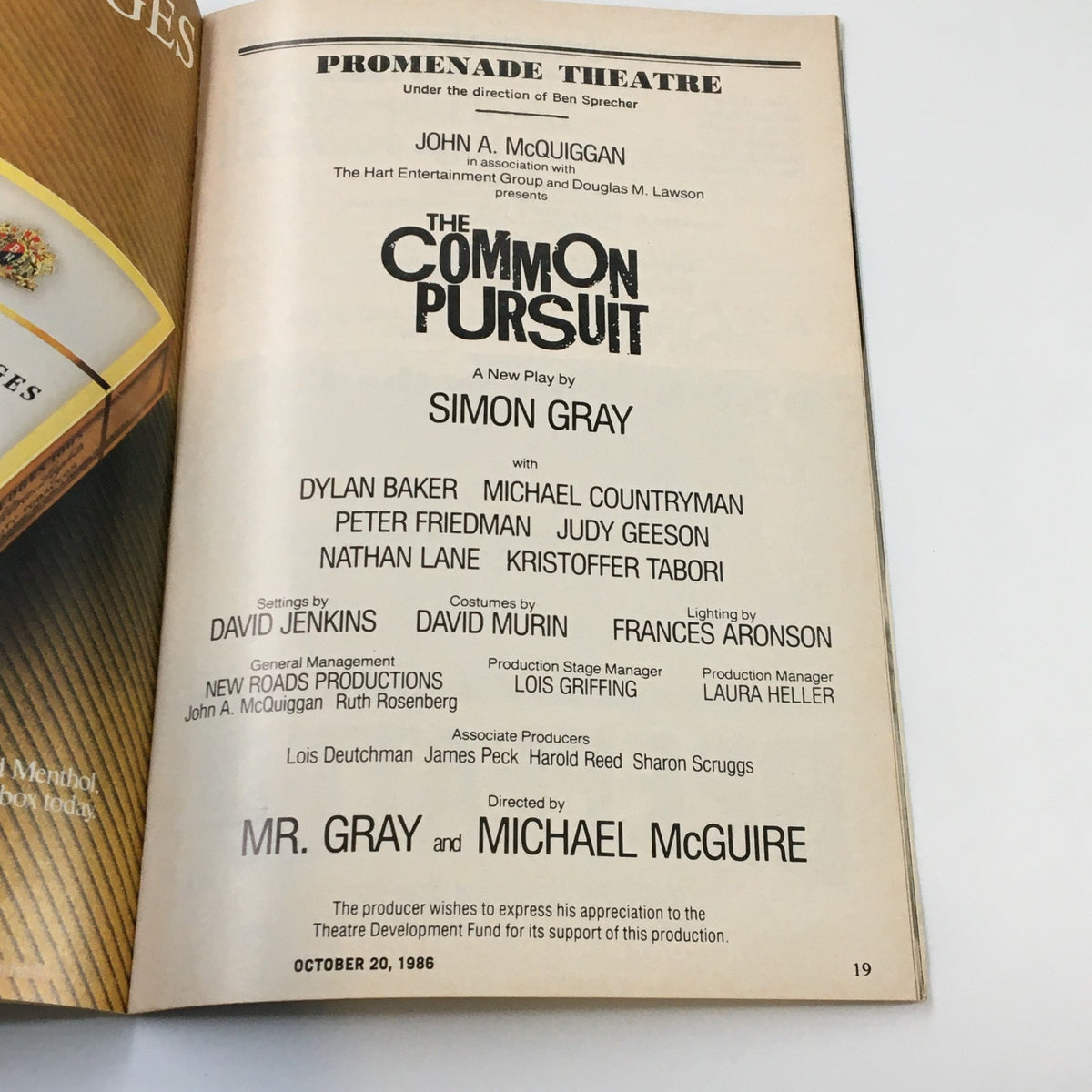 Interior page of the 1986 Playbill for The Common Pursuit by Simon Gray, listing details of the cast and production team.