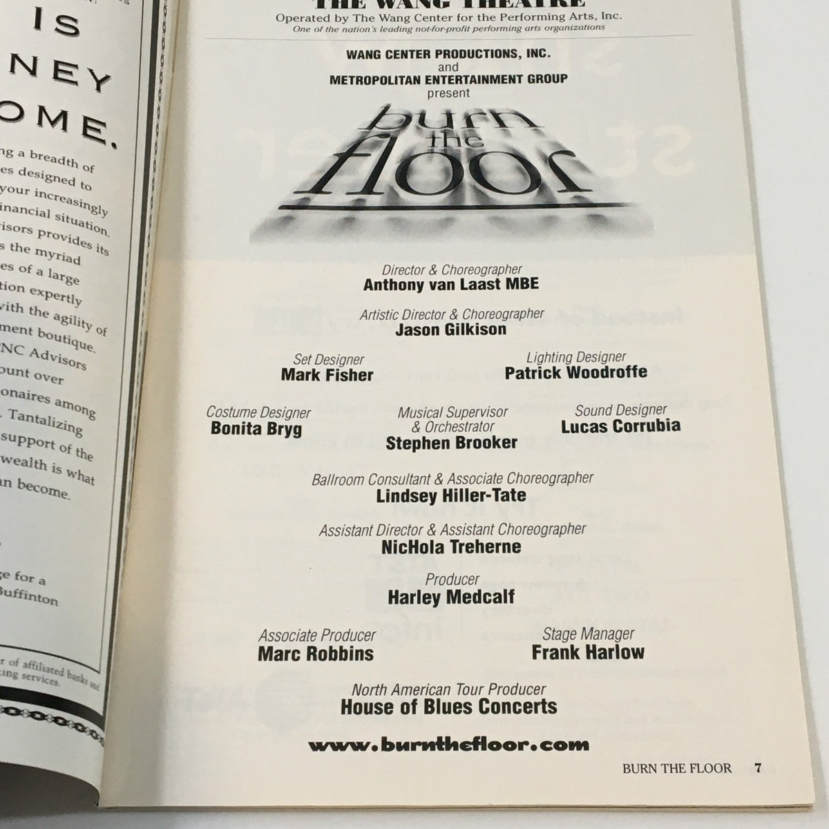 Interior page of the 2000 Playbill for Burn The Floor listing creatives and production details.