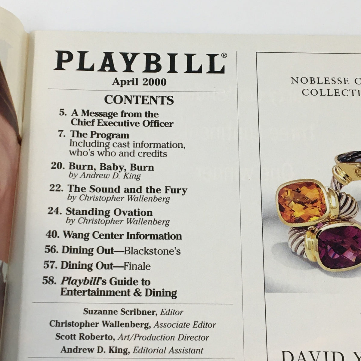 Table of contents from the April 2000 Playbill featuring Burn The Floor among other performances.