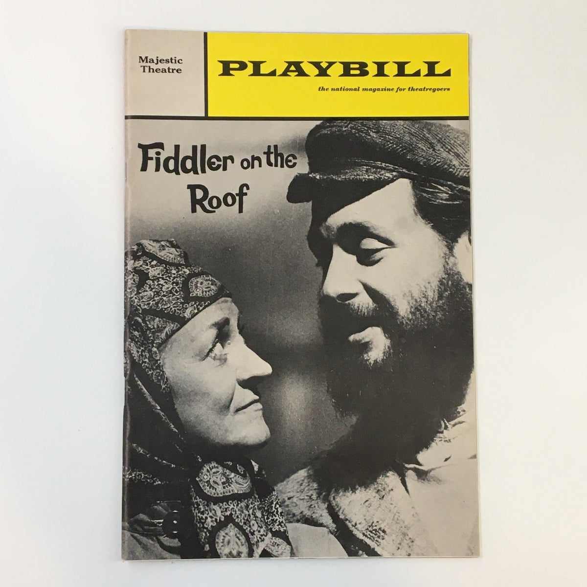 1967 Playbill from the Majestic Theatre featuring Fiddler on the Roof, showcasing Harry Goz as Tevye with striking black and white cover art.