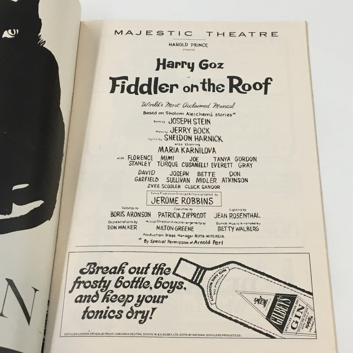 Interior page of the 1967 Playbill for Fiddler on the Roof, highlighting Harry Goz and the production details, including Jerome Robbins as choreographer.