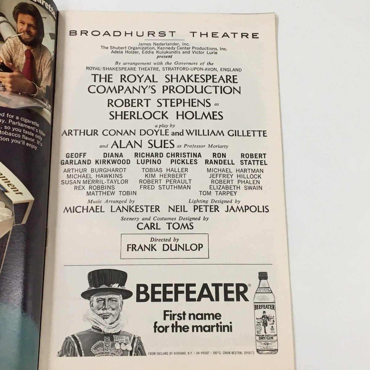 Inside page of the 1975 Playbill Broadhurst Theatre detailing the cast and production credits for Robert Stephens as Sherlock Holmes.
