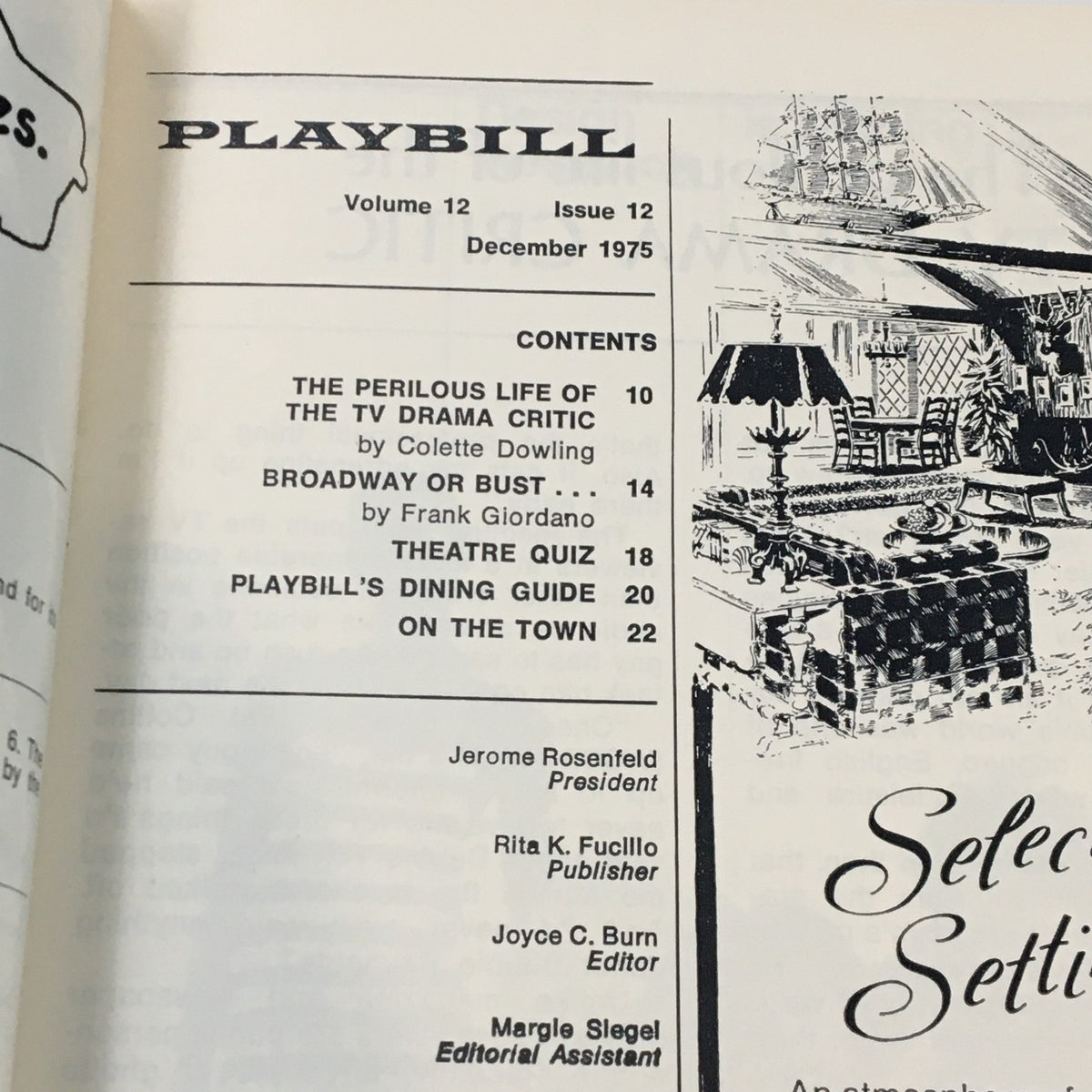 Inside page of the 1975 Playbill from Shubert Theatre, detailing contents and articles related to the production of Raisin, highlighting the vintage layout.