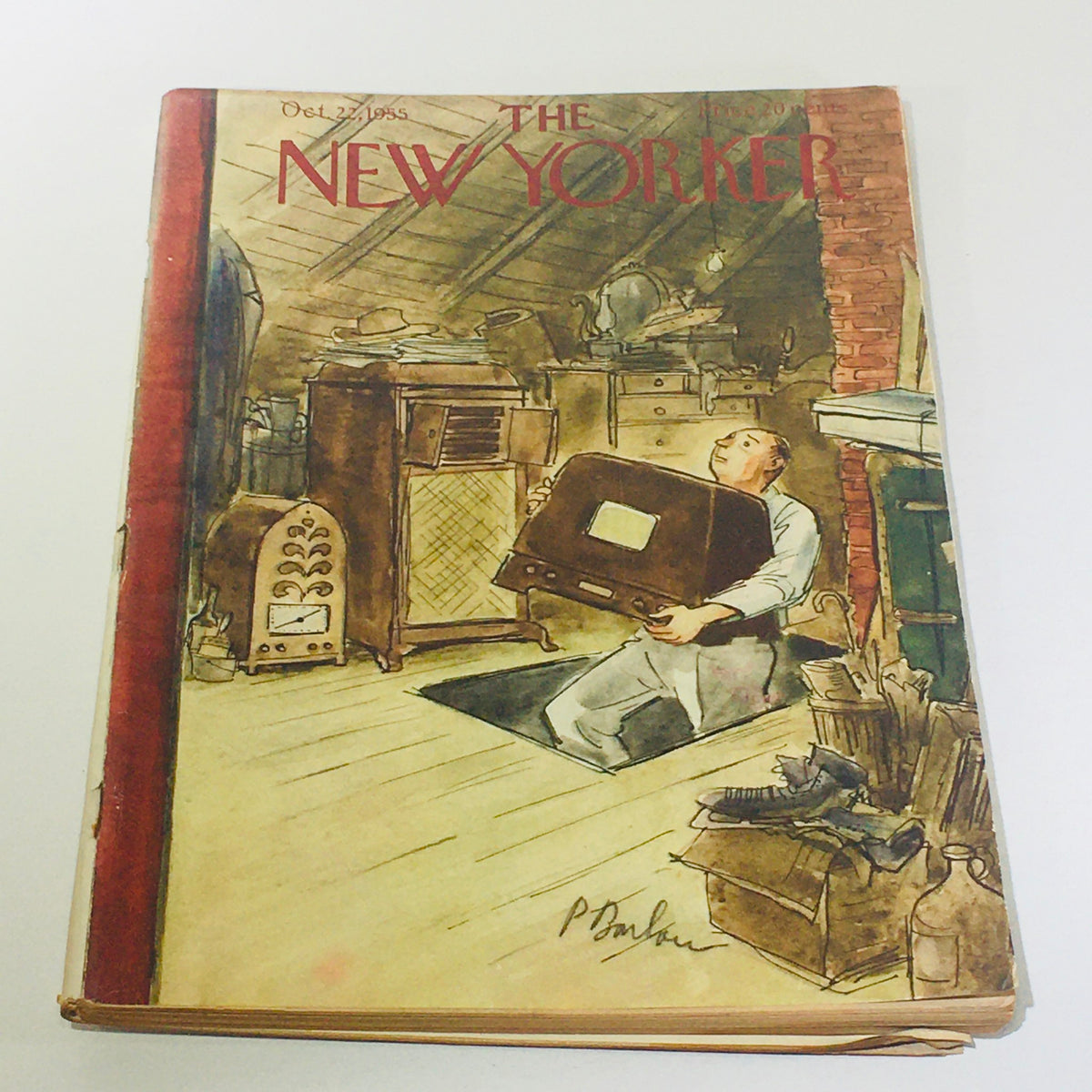 The New Yorker October 22 1955 Full Magazine Theme Cover by Perry Barlow showcasing a man in an attic holding a vintage radio, exemplifying mid-century design.