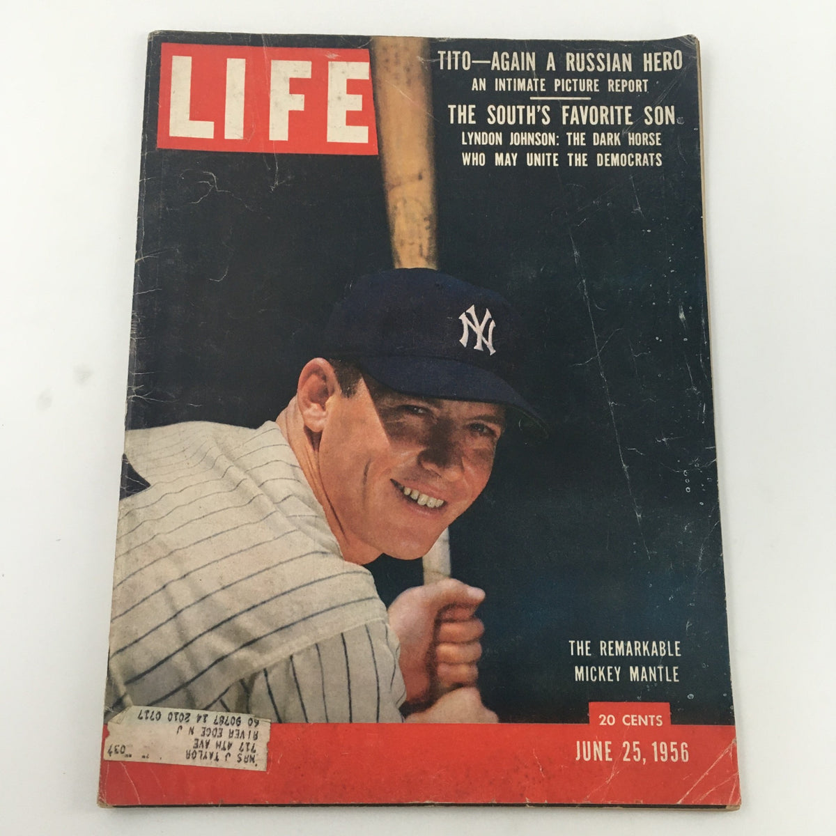 Cover of VTG Life Magazine June 25 1956 featuring The Remarkable Mickey Mantle, showcasing him in a Yankees cap and uniform, highlighting his legacy in baseball.