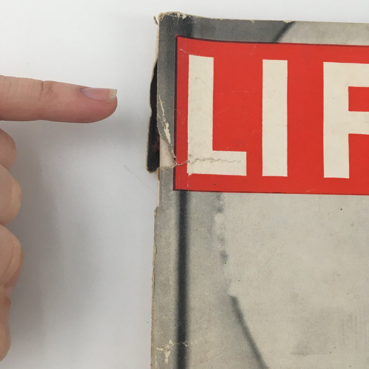 Close-up of the top edge of the VTG Life Magazine from November 1, 1948, highlighting wear and tear with visible damage to the cover, specifically around the title area.