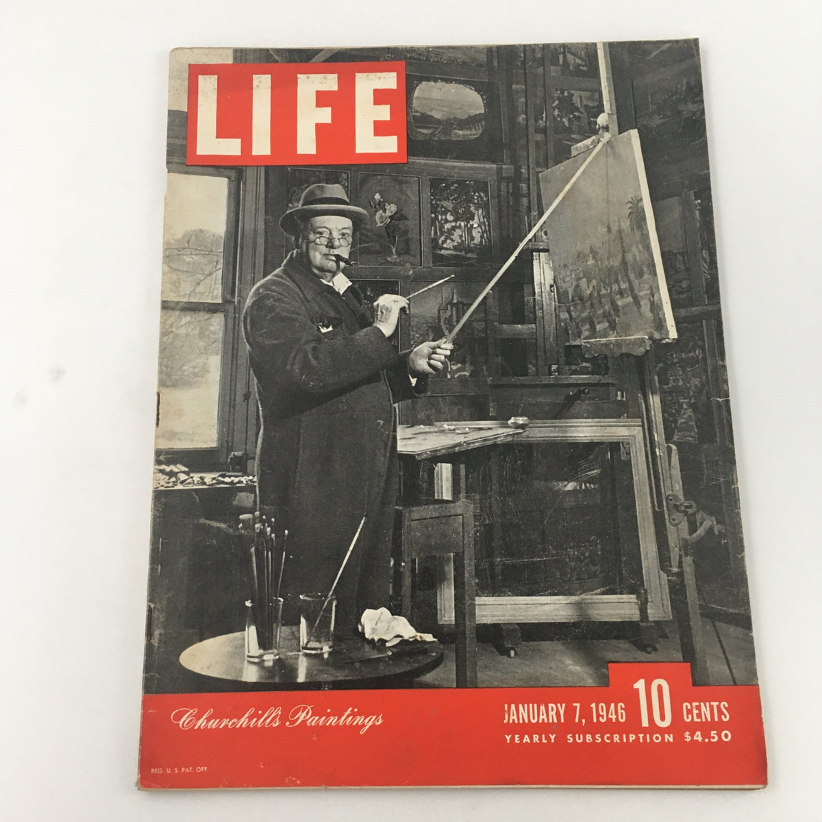 Cover of VTG Life Magazine January 7 1946 featuring Winston Churchill's paintings and artistic influence.