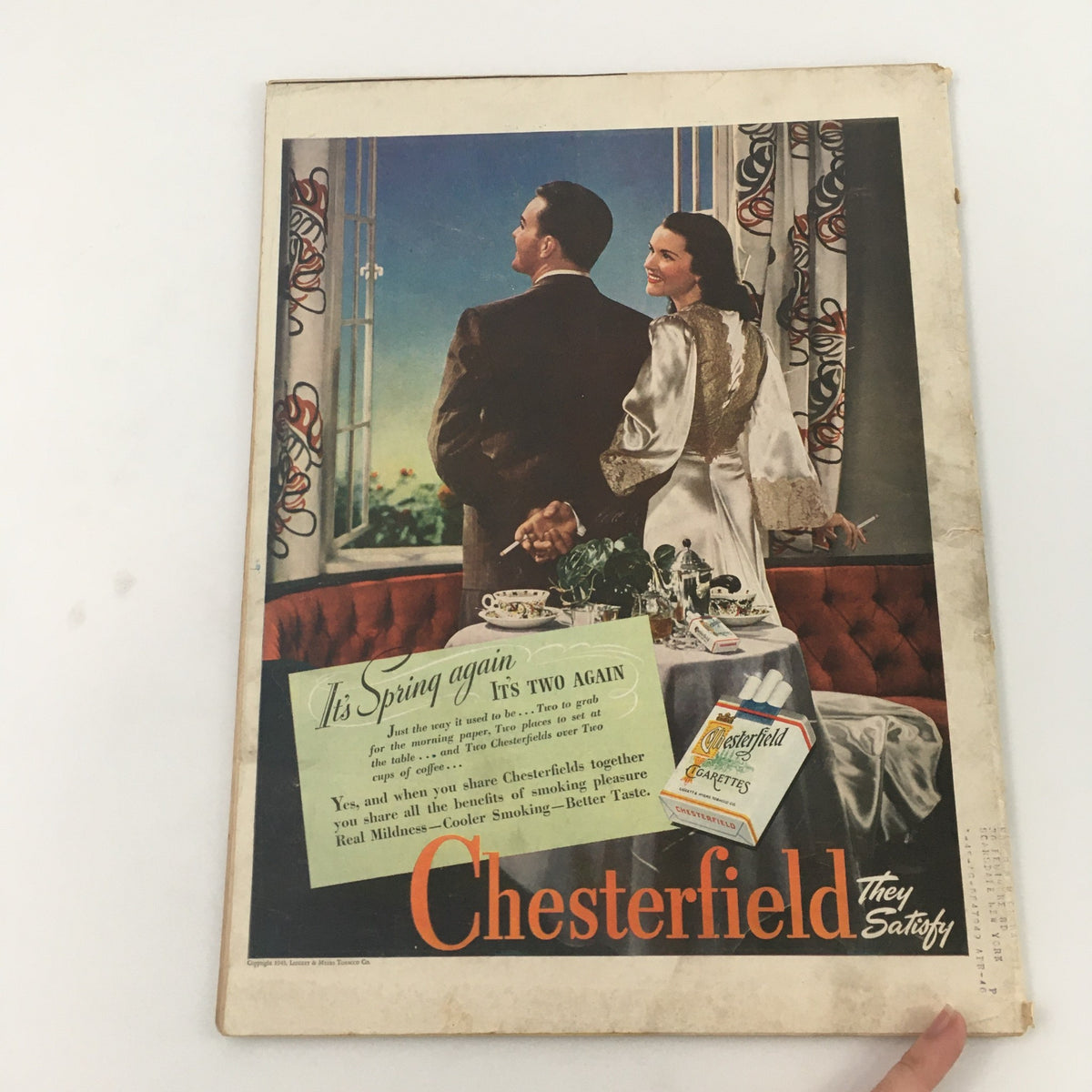 Back cover of VTG Life Magazine from May 7, 1945, showcasing an advertisement for Chesterfield cigarettes, highlighting mid-20th century design and marketing.