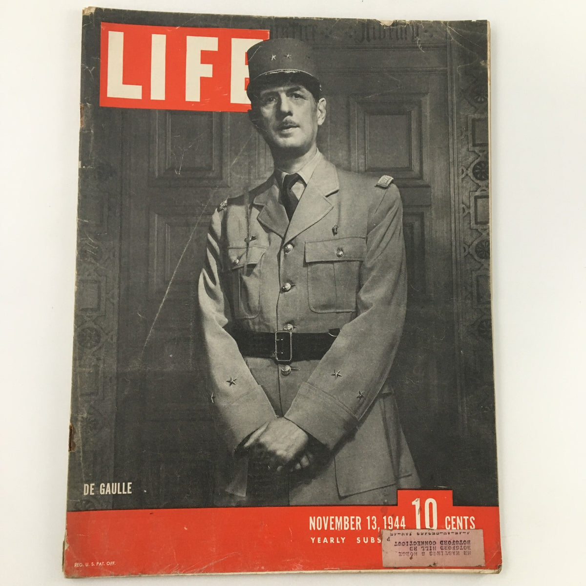 VTG Life Magazine November 13, 1944 featuring Charles de Gaulle, the former President of France, prominently displayed on the cover in a military uniform.