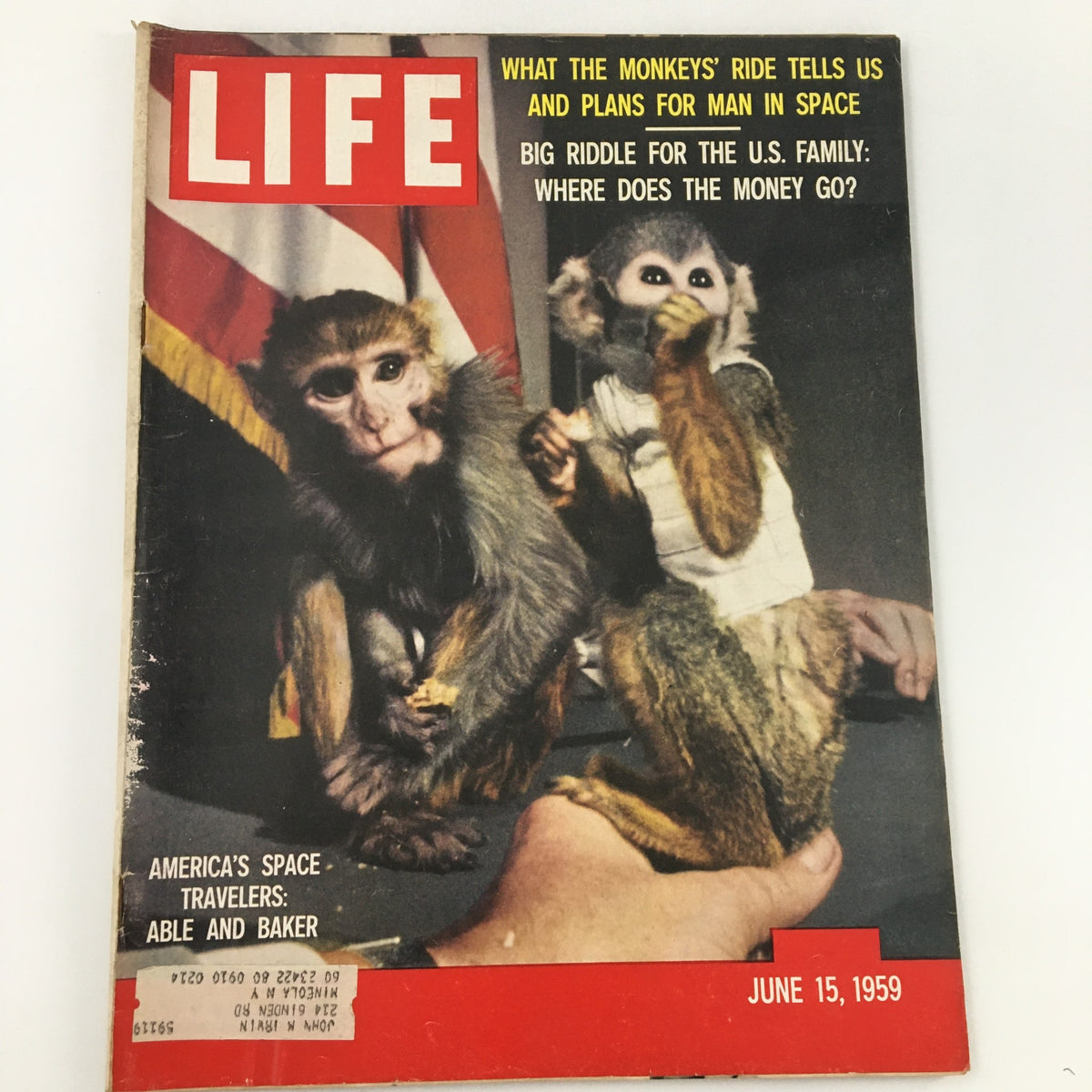 Cover of VTG Life Magazine June 15, 1959 featuring America's Space Travelers Able and Baker, showcasing the two monkeys with a backdrop of flags.
