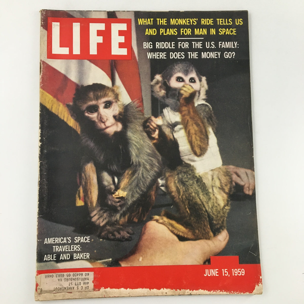 Vintage Life Magazine cover from June 15, 1959, featuring America's monkey space travelers, Able and Baker. The cover includes the title 'LIFE' and highlights the significance of the monkeys in early space exploration.