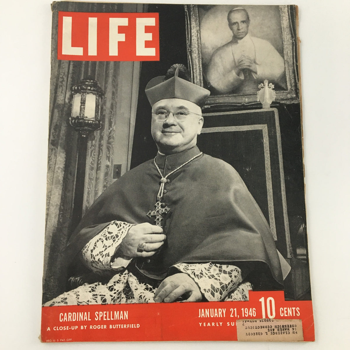 Vintage VTG Life Magazine, January 21, 1946, featuring a close-up of Cardinal Spellman by Roger Butterfield, showcasing historical significance and classic magazine charm.