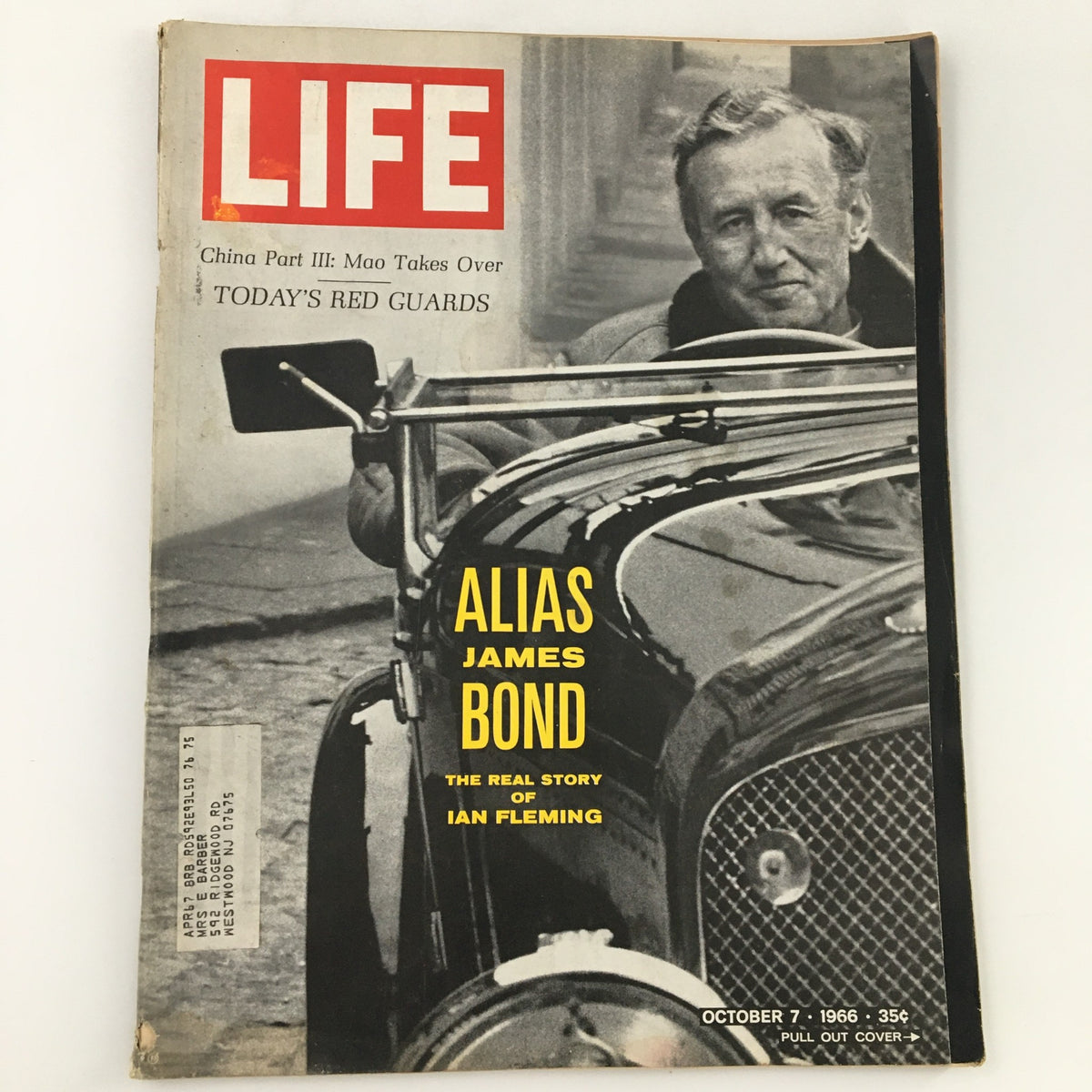 Cover of Life Magazine, October 7, 1966, titled 'Alias James Bond: The Real Story of Ian Fleming', featuring a portrait of Ian Fleming beside a vintage car. This collectible magazine captures the essence of 1960s culture and provides insight into the life of the iconic author.