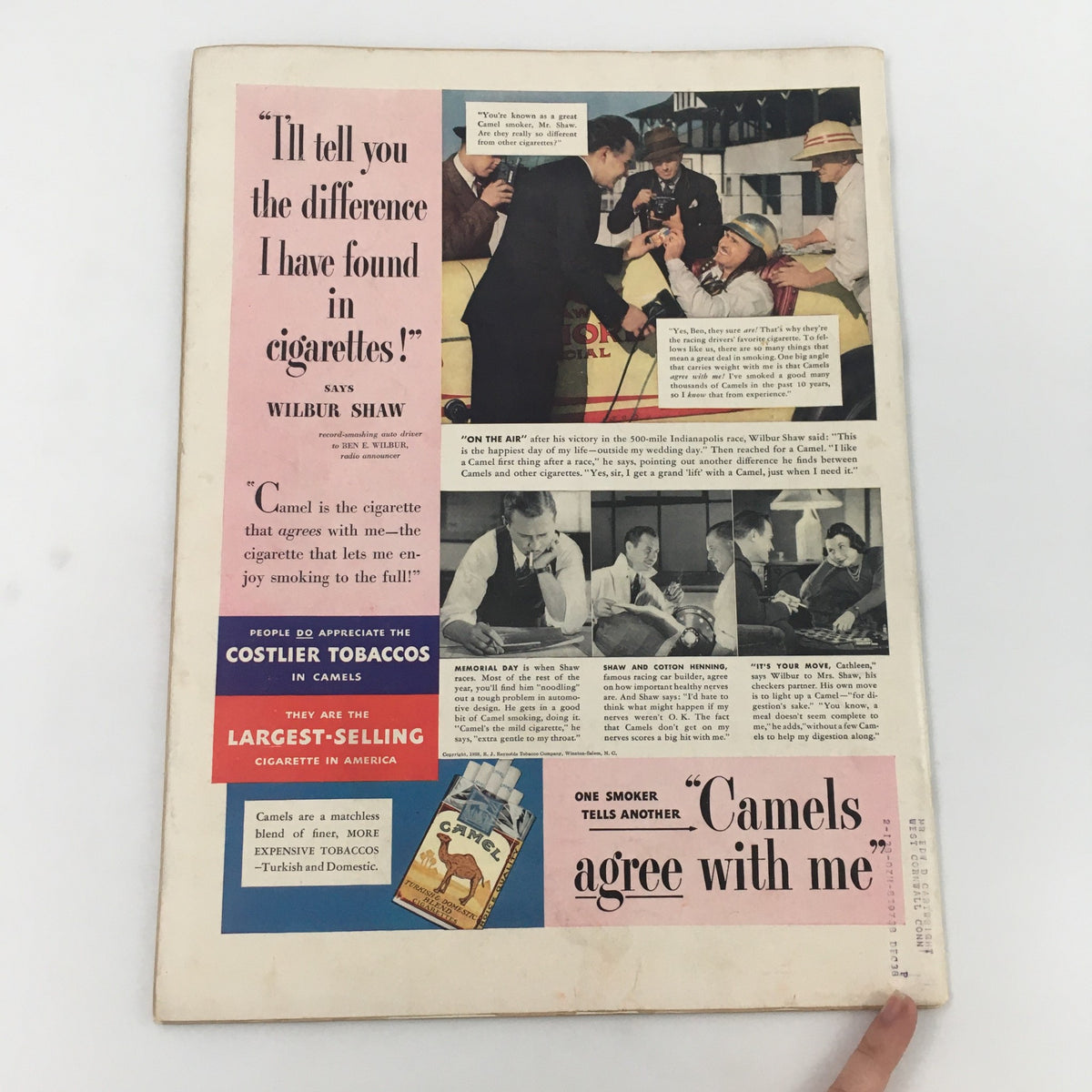 Back cover of VTG Life Magazine March 28 1938, advertising Camel cigarettes, highlighting promotional imagery and text from the era.