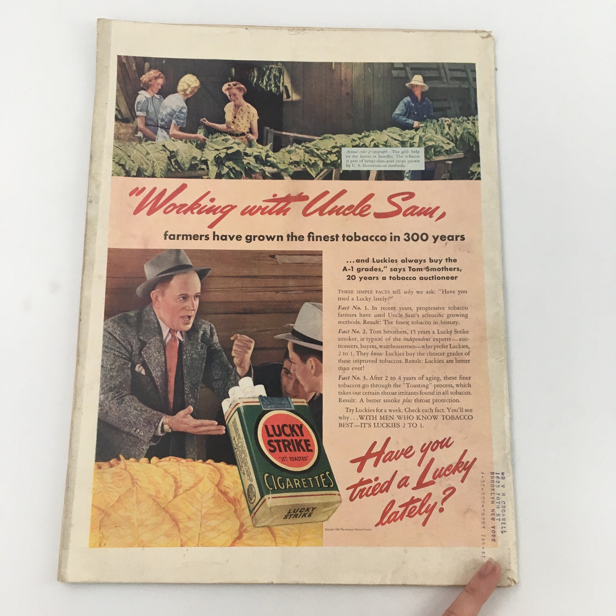 Back cover of the VTG Life Magazine April 1, 1940, featuring an advertisement for Lucky Strike cigarettes with a scene of tobacco farmers, highlighting the historical context of the era.