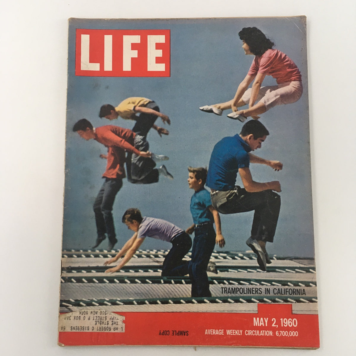 Cover of VTG Life Magazine May 2, 1960 featuring an article on Trampoliners in California, showcasing exciting athletic performances.