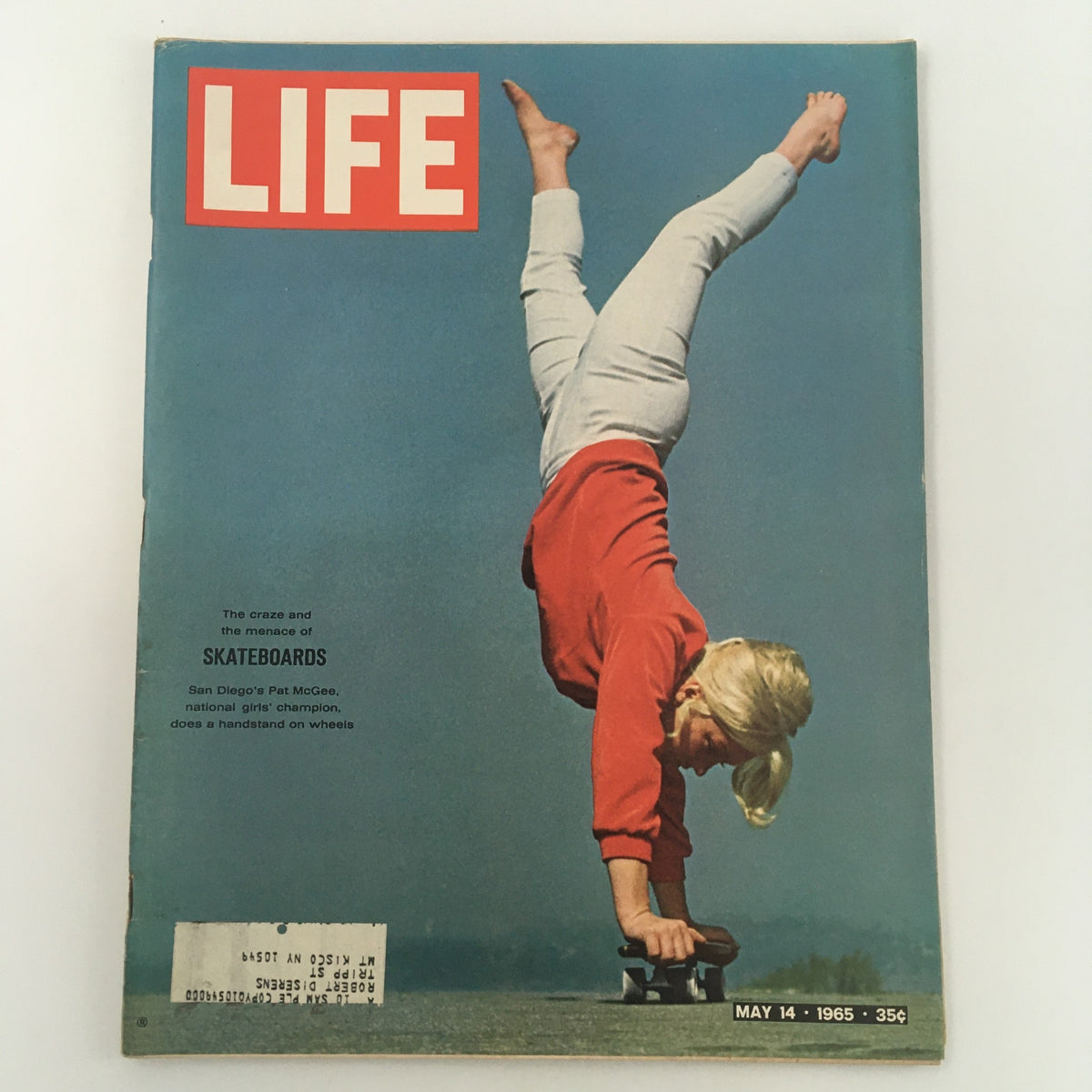 VTG Life Magazine cover from May 14, 1965, featuring San Diego's Pat McGee, National Girls Champion, performing a handstand on a skateboard, highlighting the era's sports culture.