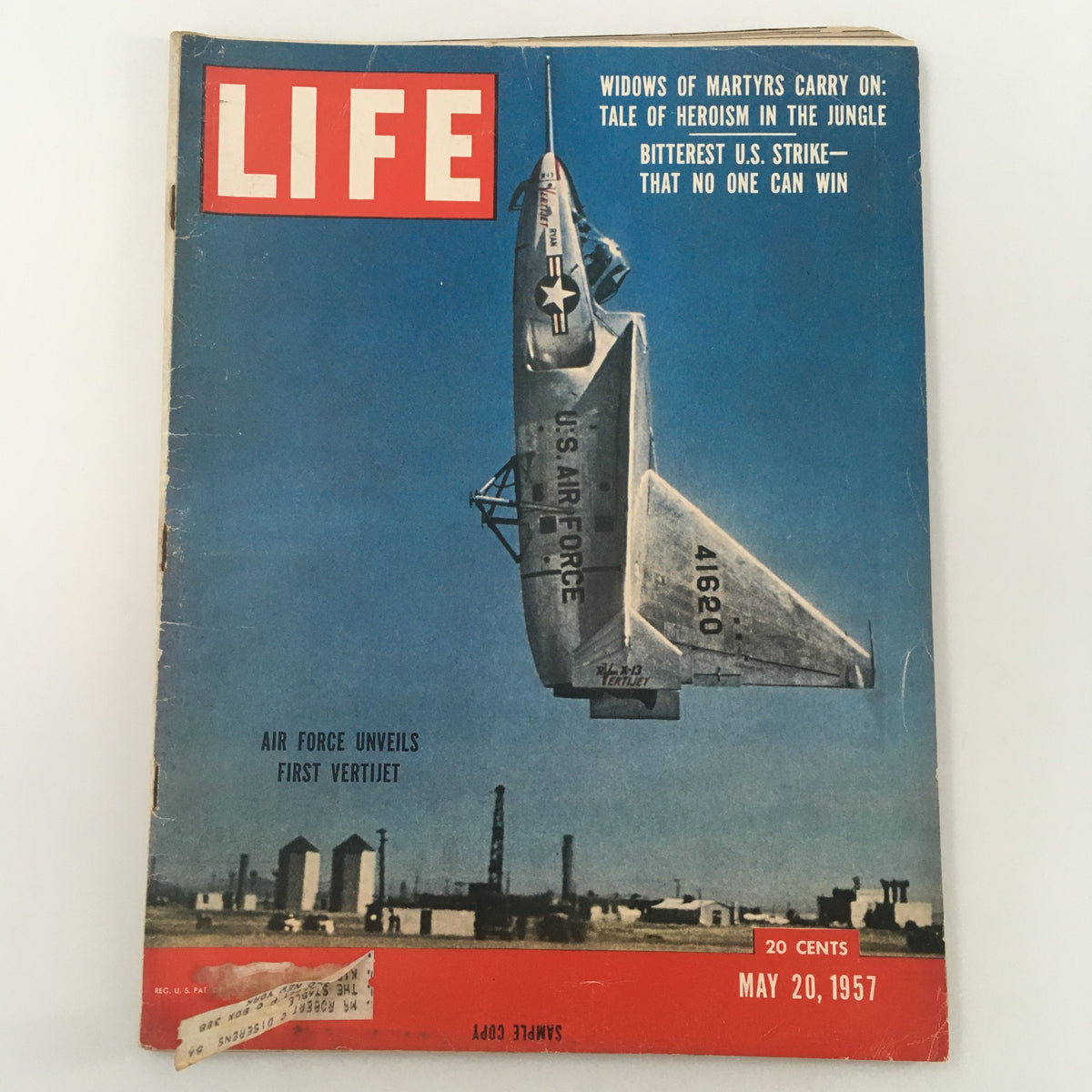 Cover of VTG Life Magazine dated May 20, 1957 featuring the Air Force unveiling the first Vertijet, showcasing innovative aviation technology with a clear image of the jet in flight.