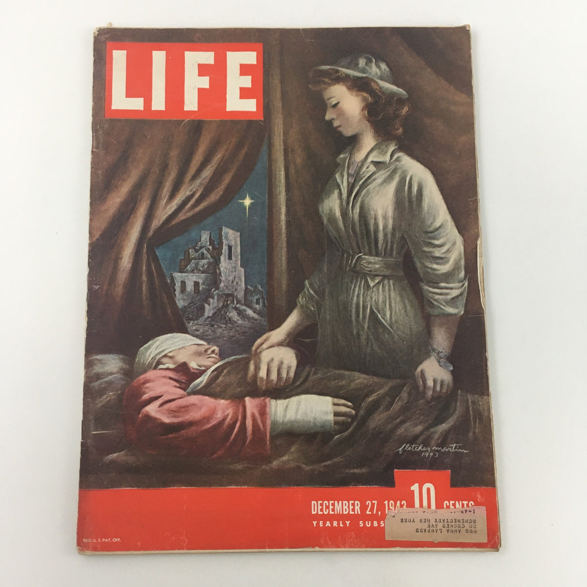 VTG Life Magazine December 27 1943 featuring cover art by Fletcher Martin, depicting a scene of a woman caring for a soldier in a hospital setting, relevant to World War II themes.