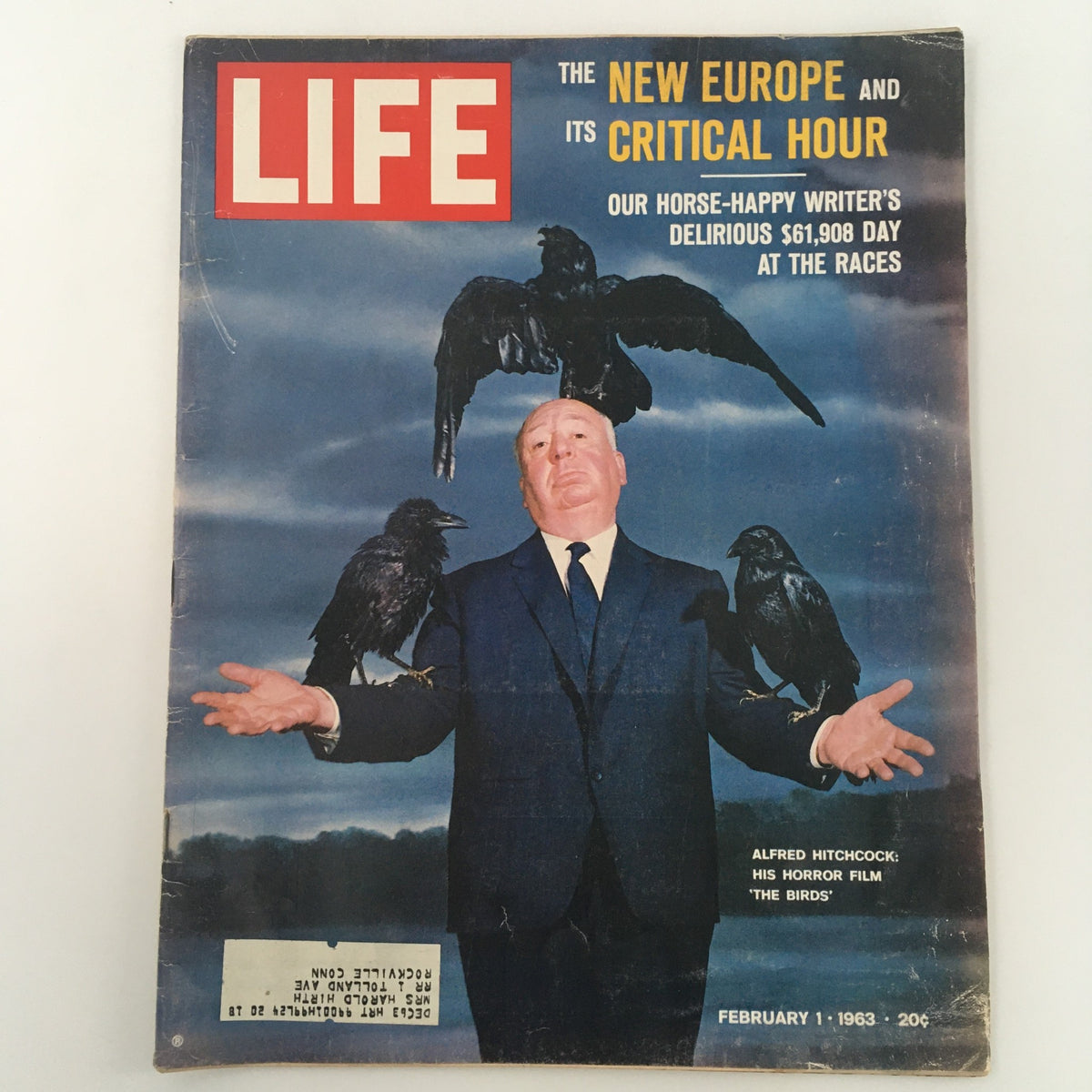 Cover of Life Magazine dated February 1, 1963, featuring Alfred Hitchcock with crows, in connection with his horror film 'The Birds'.