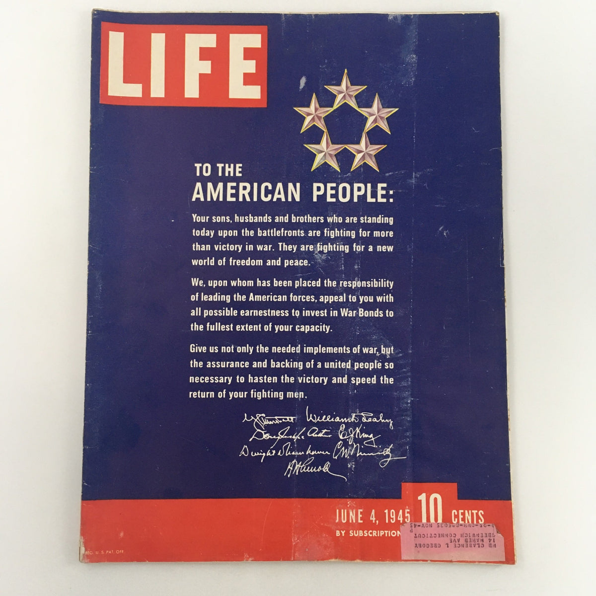 VTG Life Magazine June 4 1945 featuring the cover with a message 'To The American People.', highlighting the importance of War Bonds during World War II.
