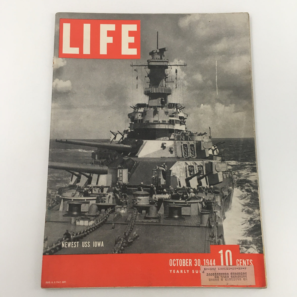 Vintage Life Magazine cover from October 30, 1944, featuring a photo of the newest USS Iowa, showcasing its battleship design and historical significance.