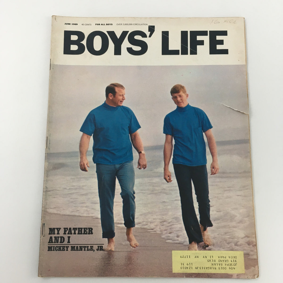 VTG Boys' Life Magazine June 1969 cover featuring Mickey Mantle Jr. walking along the beach with a man, showcasing nostalgic themes of father-son relationships.