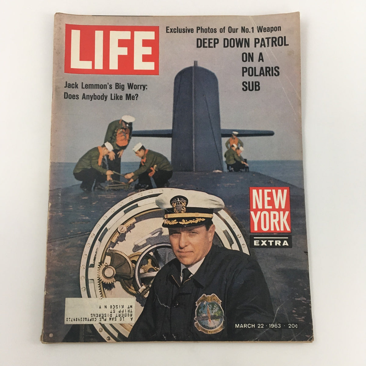 Cover of Life Magazine from March 22, 1963, featuring Jack Lemmon and the article 'Jack Lemmon's Big Worry: Does Anybody Like Me?' alongside images of sailors and a Polaris submarine.