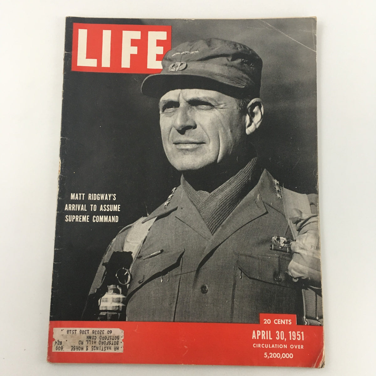 Vintage Life Magazine cover from April 30, 1951 featuring General Matt Ridgway's assumption of supreme command, highlighting the significance of his leadership during the Korean War.