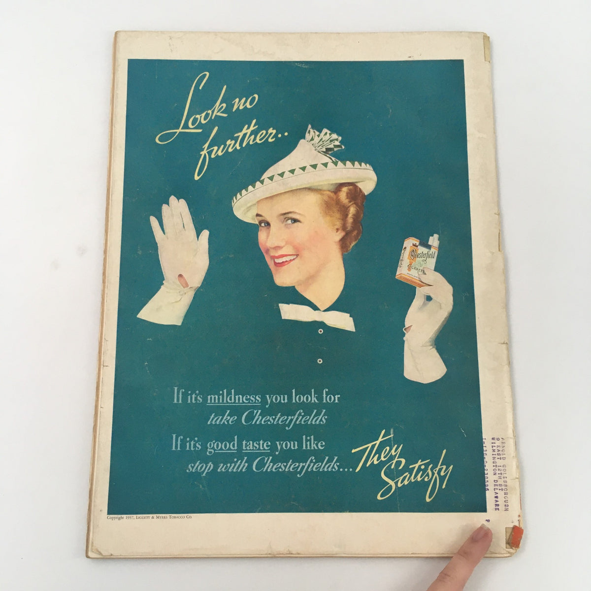 Back cover of VTG Life Magazine August 9 1937 featuring an advertisement with a woman in a hat promoting Chesterfield cigarettes, showcasing vintage advertising style.