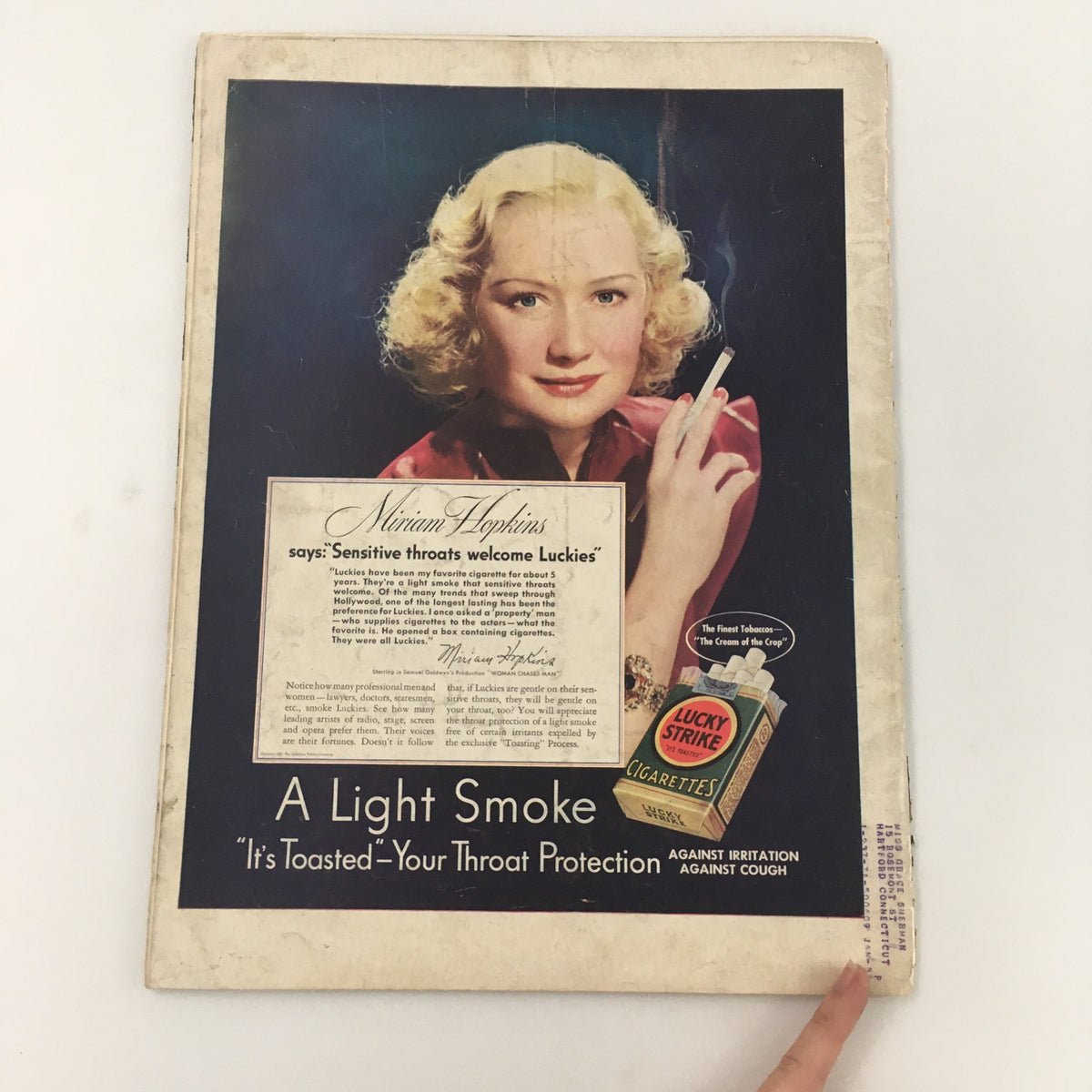 Back cover of VTG Life Magazine May 31 1937 featuring an advertisement for Lucky Strike cigarettes and a portrait of actress Miriam Hopkins.