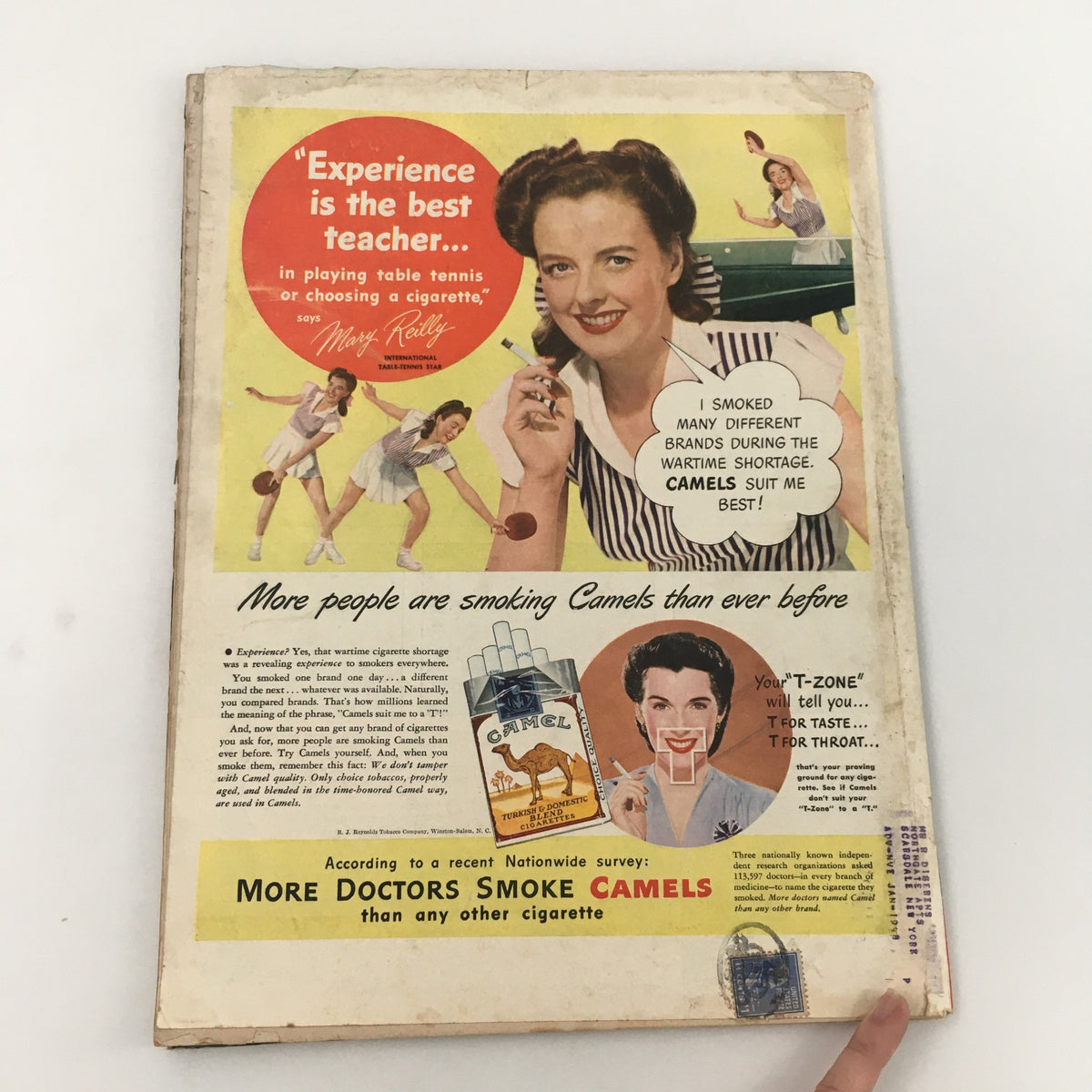 Back cover of VTG Life Magazine September 15 1947 featuring an advertisement for Camel cigarettes with Mary Reilly, a table tennis star, promoting the brand's appeal amidst wartime shortages.