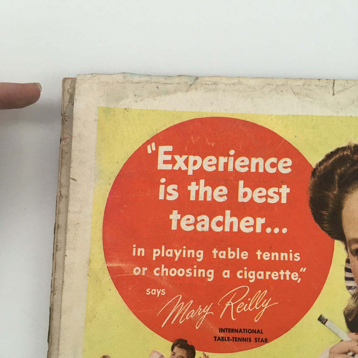 Close-up of the back cover of VTG Life Magazine September 15 1947 showing an advertisement by Mary Reilly stating 'Experience is the best teacher' related to table tennis and choosing cigarettes.