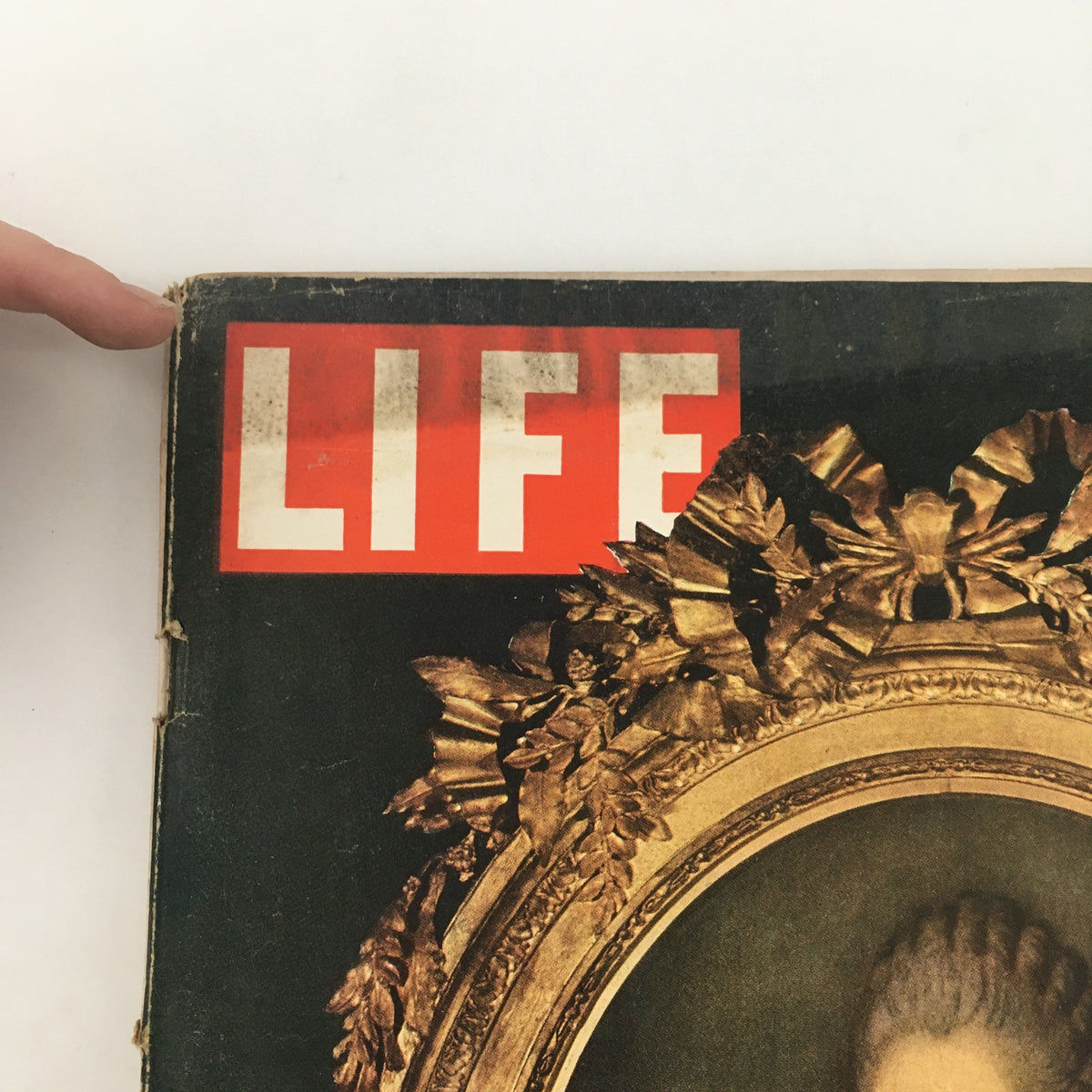 Top corner of the front cover of VTG Life Magazine September 15 1947 depicting the iconic 'LIFE' logo along with a classic portrait of Madame Du Barry, representing the Age of Enlightenment.
