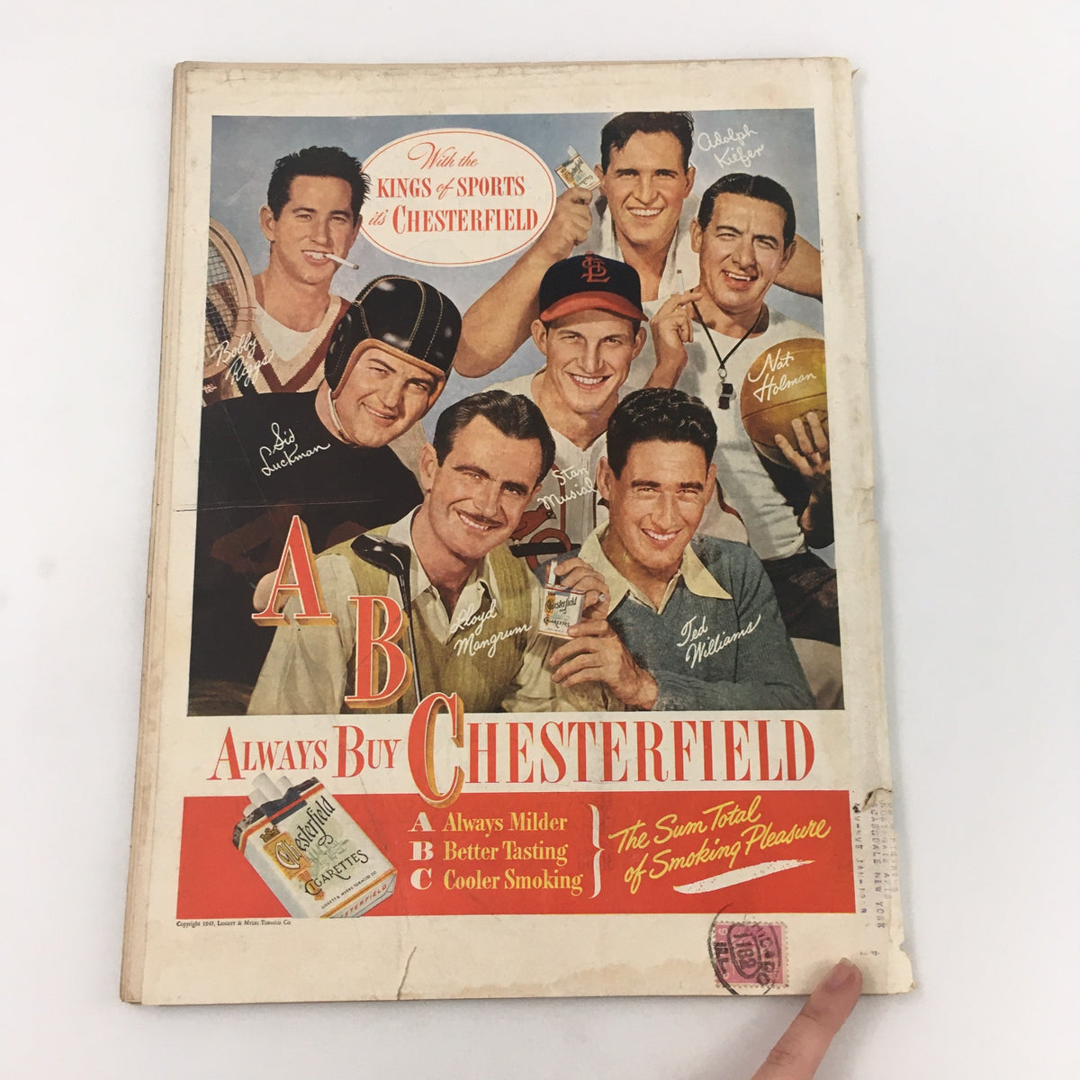 Back cover of the Vintage Life Magazine August 18, 1947, displaying an advertisement for Chesterfield cigarettes featuring famous sports personalities from that era.