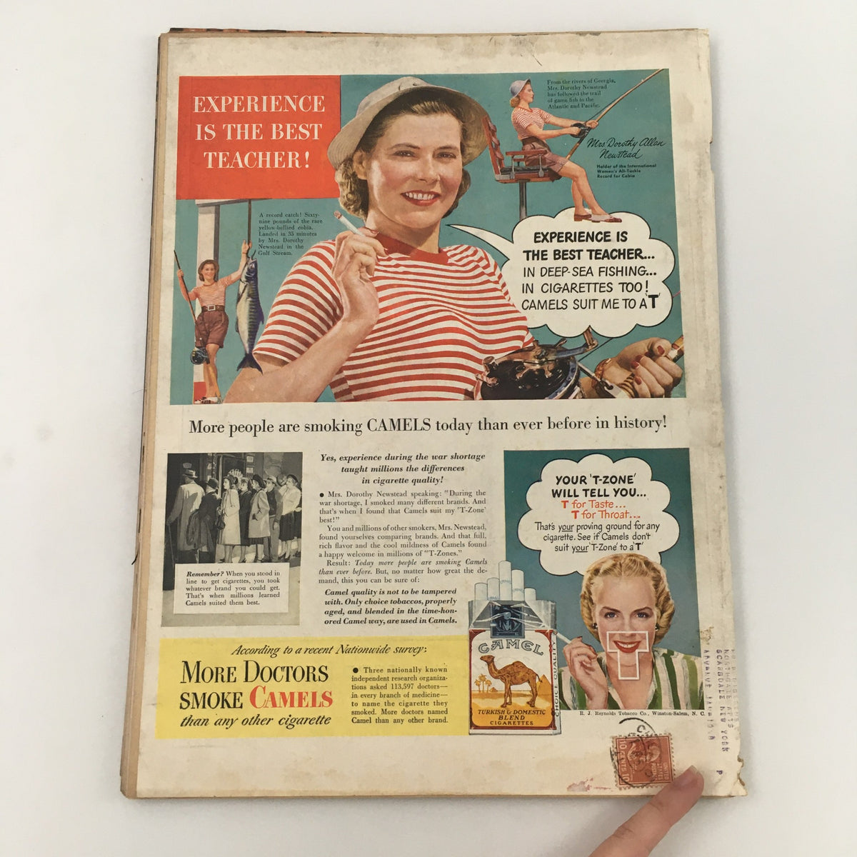 Back cover of VTG Life Magazine May 12 1947, advertising Camel cigarettes with nostalgic visuals, showcasing post-war commercial appeal.
