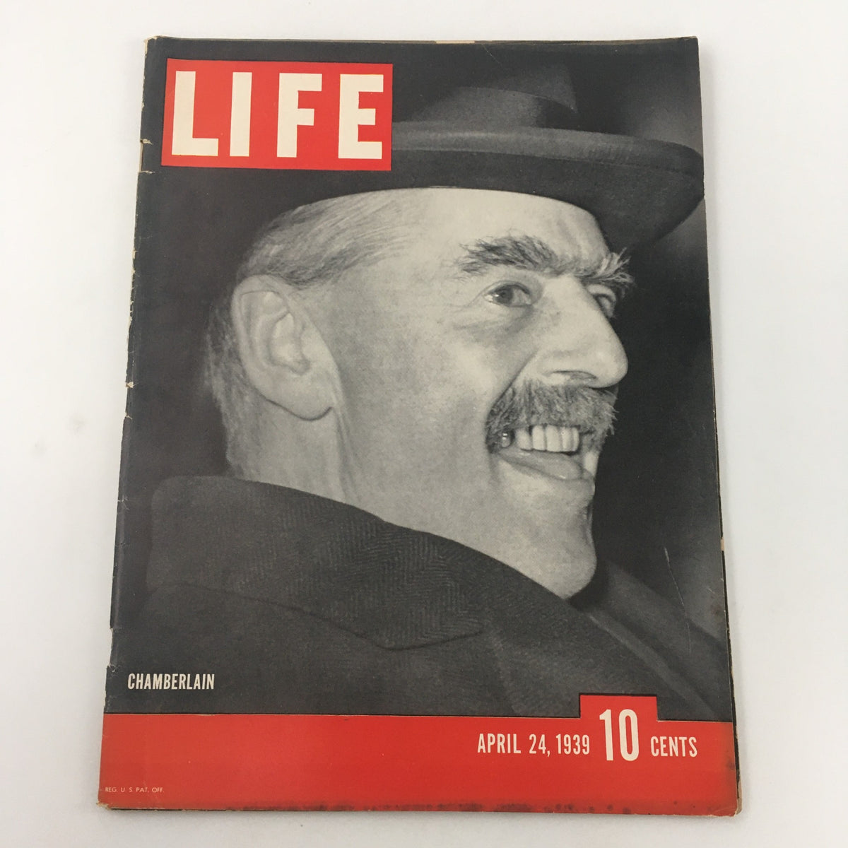Cover of VTG Life Magazine April 24 1939 featuring Prime Minister Neville Chamberlain, showcasing a black and white portrait with the title LIFE prominently displayed.