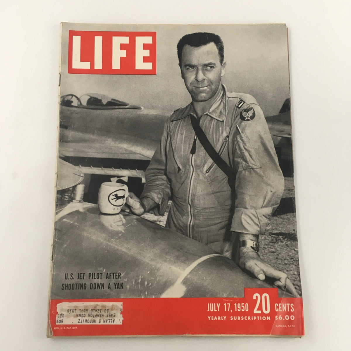 Vintage Life Magazine cover from July 17, 1950, featuring a U.S. Jet Pilot after shooting down a Yak, showcasing military history.