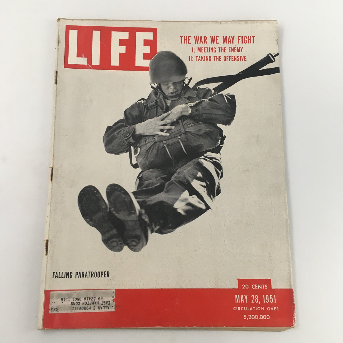 Cover of VTG Life Magazine dated May 28, 1951 featuring the iconic 'Falling Paratrooper' and the headline 'The War We May Fight'. The magazine showcases a paratrooper in mid-air, symbolizing the wartime era.