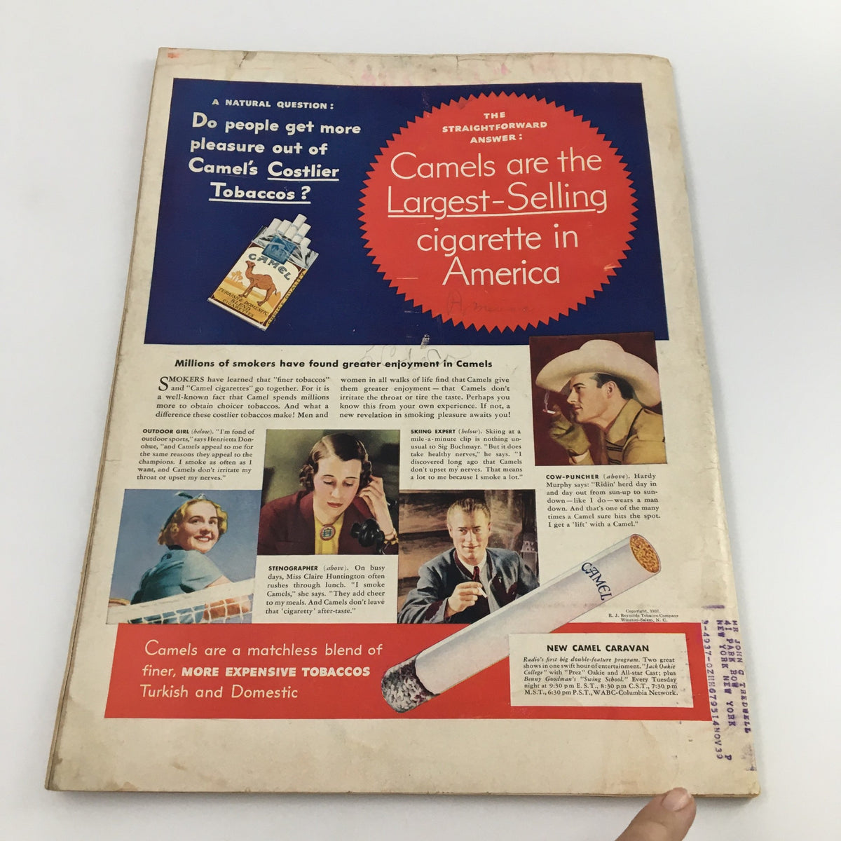 Back cover of VTG Life Magazine December 6 1937, showcasing an advertisement for Camel cigarettes, emphasizing their status as America's largest-selling cigarette brand.