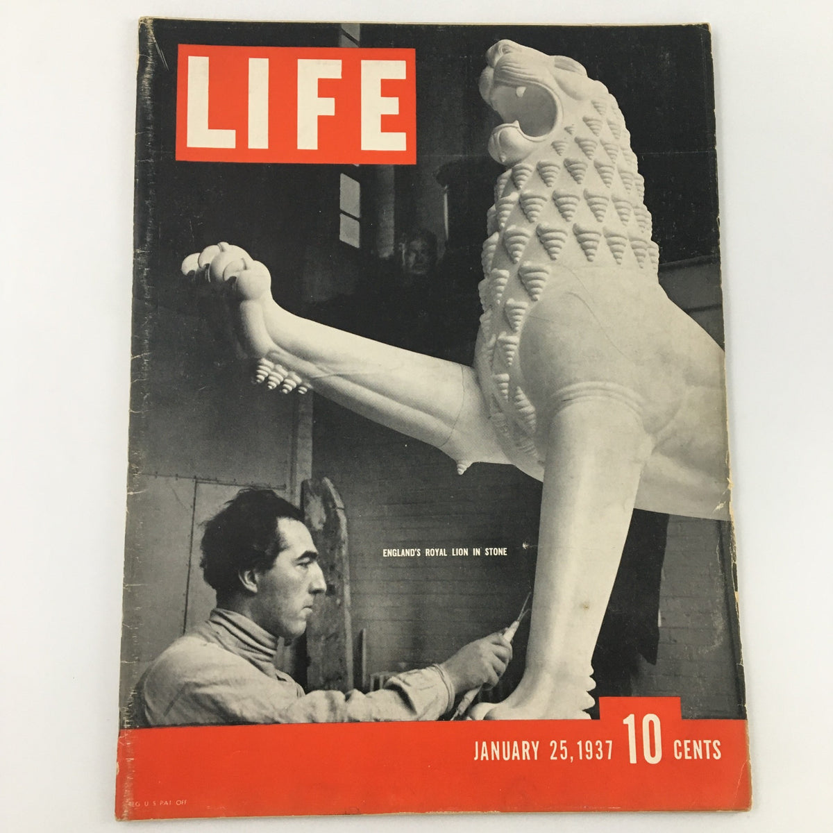 Cover of VTG Life Magazine January 25, 1937 featuring the article 'England's Royal Lion in Stone' with a sculptor working on a lion statue.