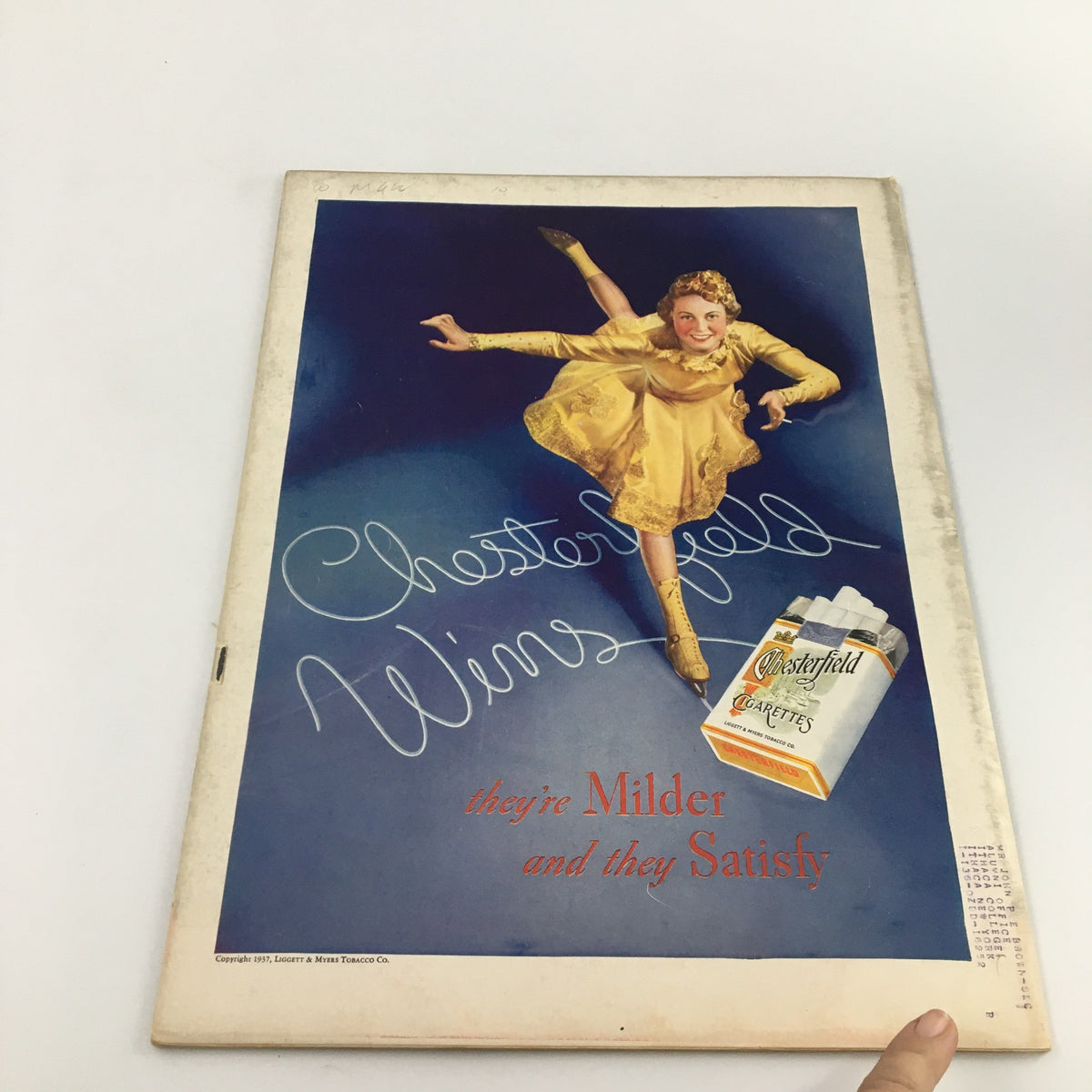 Back cover of VTG Life Magazine January 25, 1937 featuring a Chesterfield cigarette advertisement with a woman in a yellow dress.