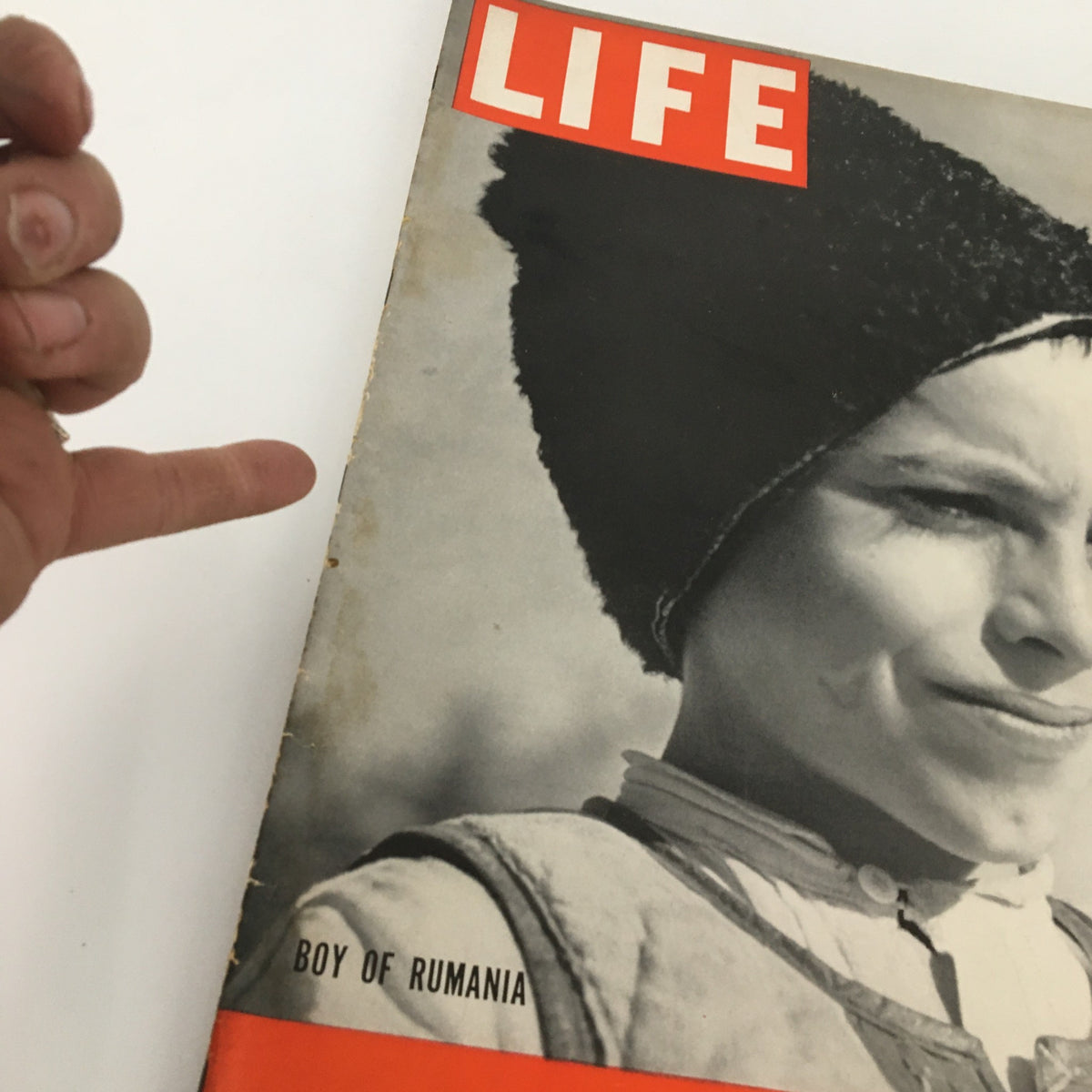 Close-up view of the cover of Life Magazine, January 9, 1939, highlighting the feature 'Boy of Rumania.' The image displays the boy wearing a knitted hat, exemplifying the historical and cultural representation in the magazine.