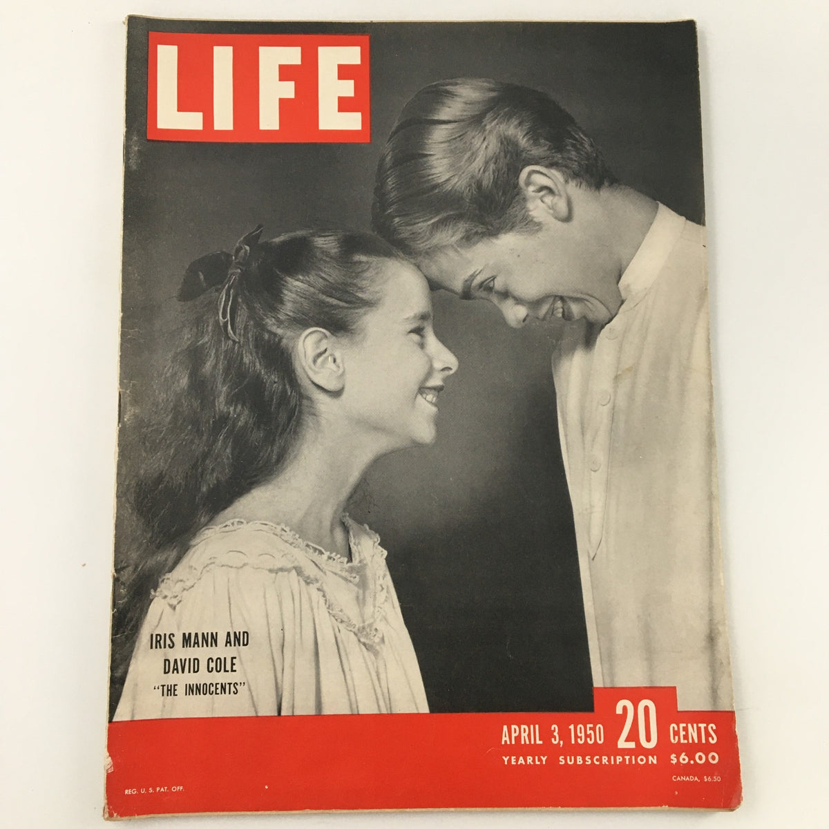 Cover of VTG Life Magazine April 3 1950 featuring Iris Mann and David in 'The Innocents'. The magazine showcases a nostalgic design reflecting mid-century journalism.