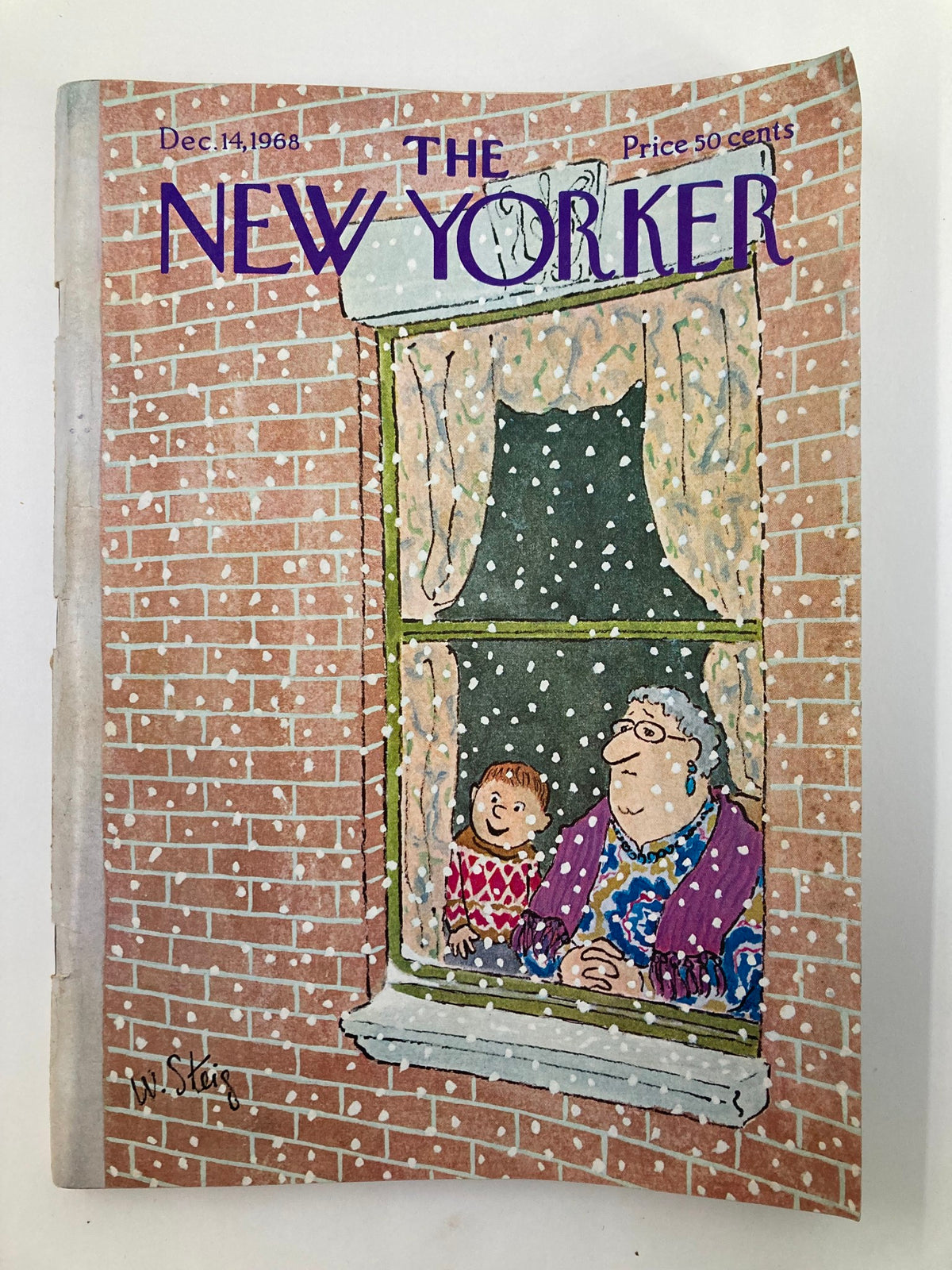Cover of The New Yorker Full Magazine December 14 1968 featuring the artwork 'Snow Fall' by William Steig, depicting a woman and child looking out a snowy window.