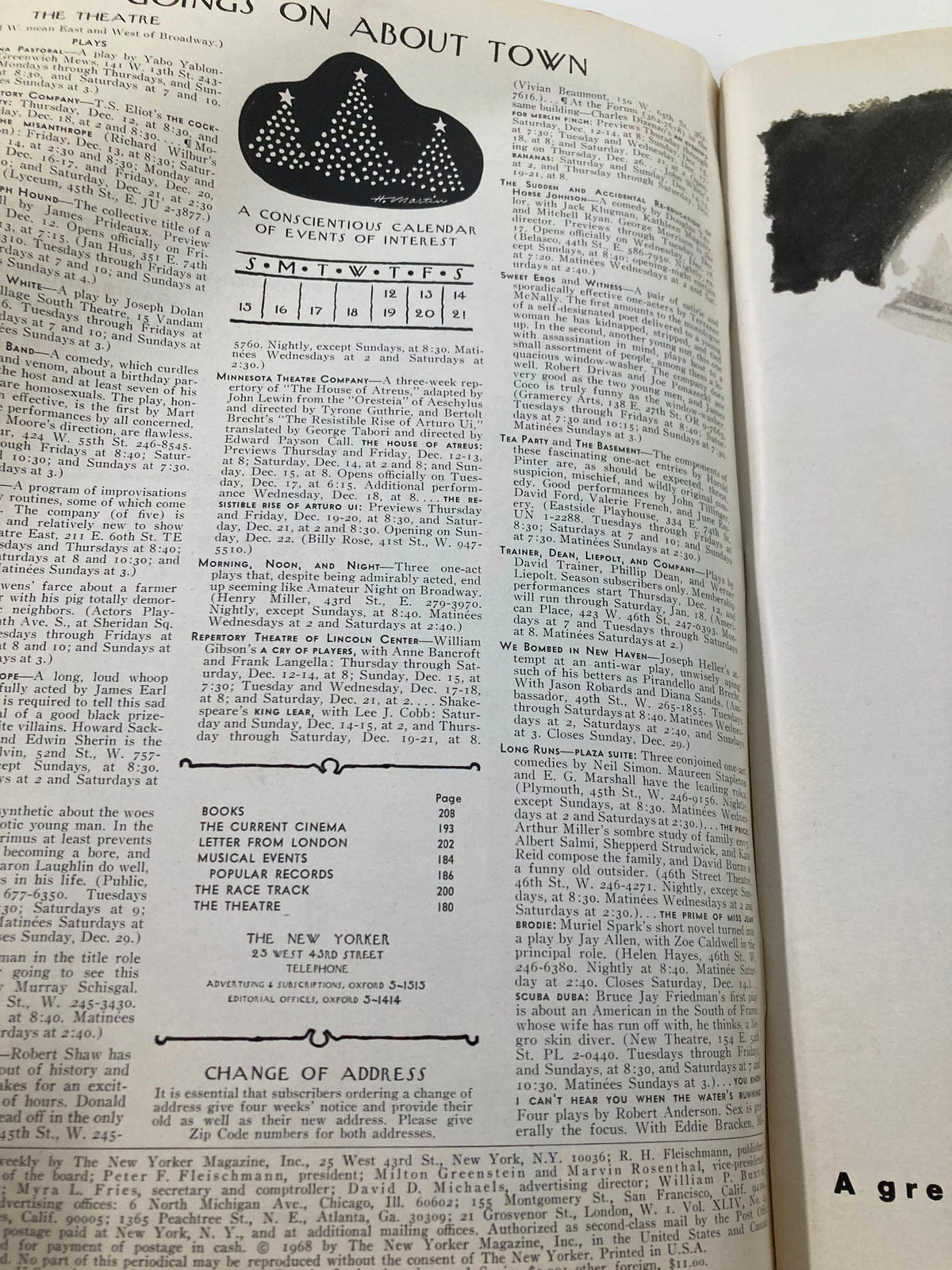 Inside page from The New Yorker Full Magazine December 14 1968, showcasing event listings and a decorative calendar of events.