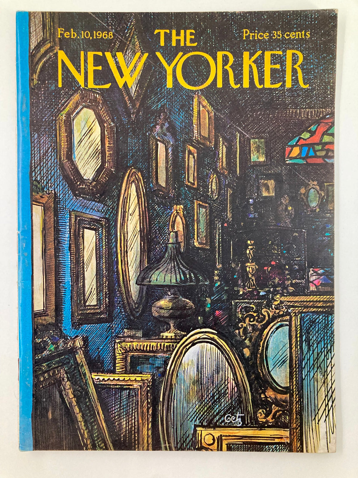 Cover of The New Yorker magazine from February 10, 1968, featuring the illustration 'Room of Mirrors' by Arthur Getz, showcasing an artistic display of ornate mirrors and ambient lighting.