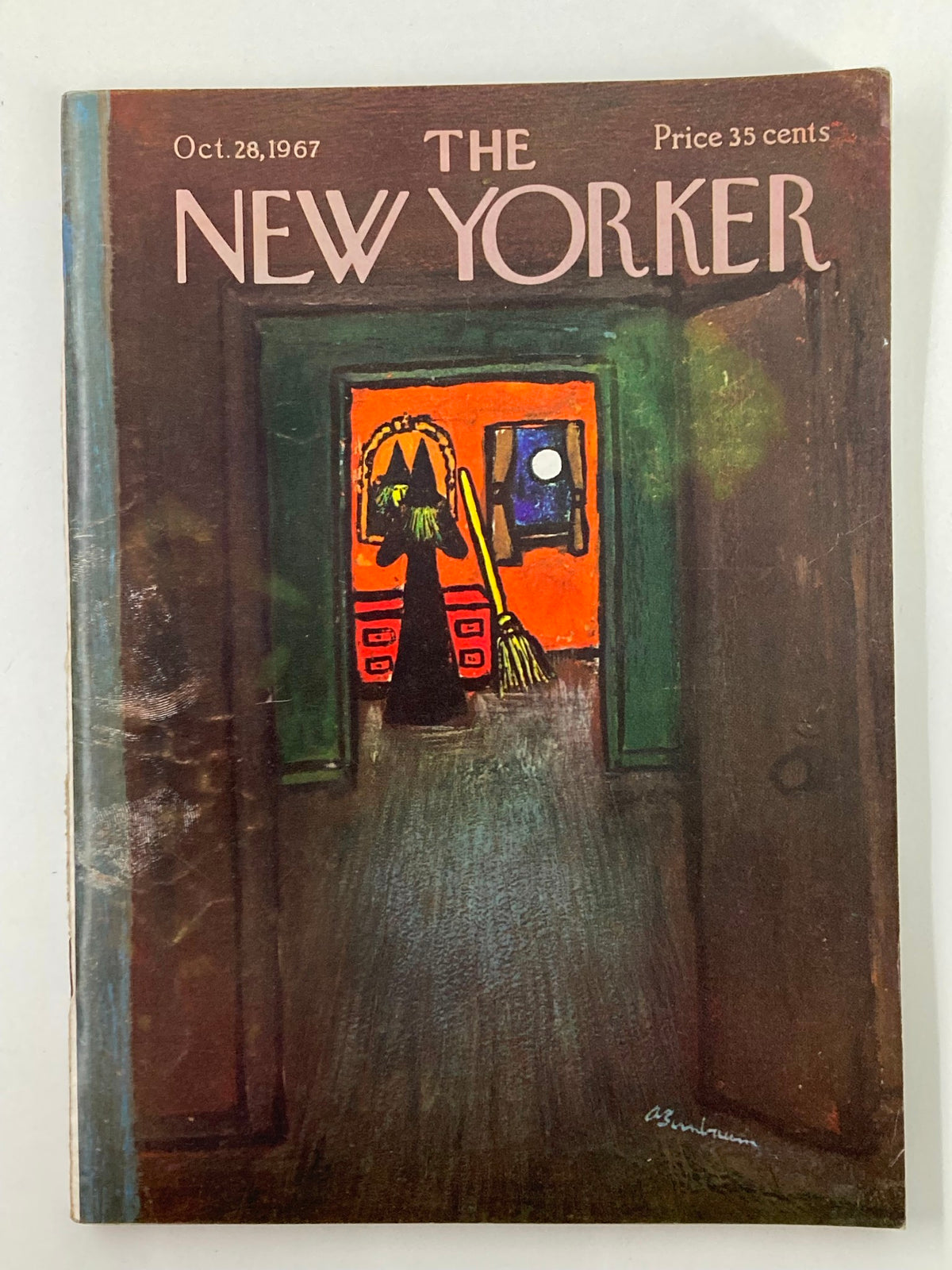 Cover of The New Yorker Full Magazine October 28 1967, featuring artwork by Abe Burnbaum, depicting a dark hallway with colorful details.