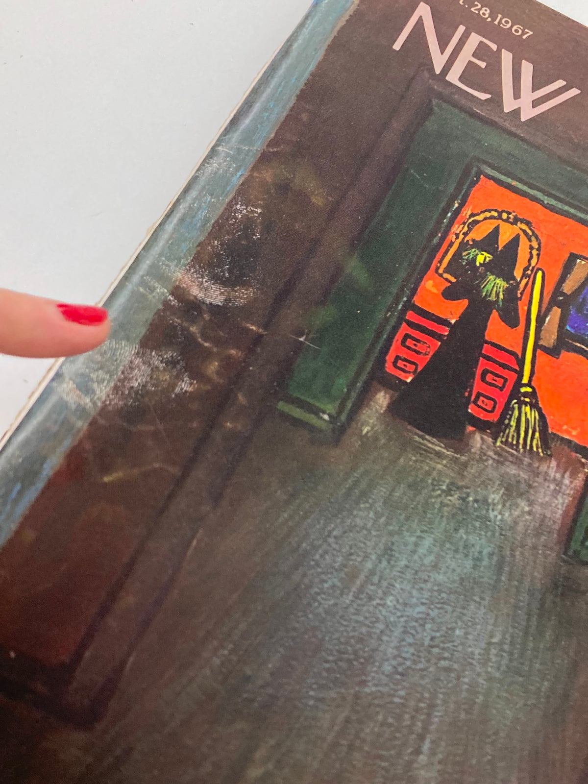 Close-up of the cover of The New Yorker Full Magazine October 28 1967, highlighting minor wear and the artwork by Abe Burnbaum.