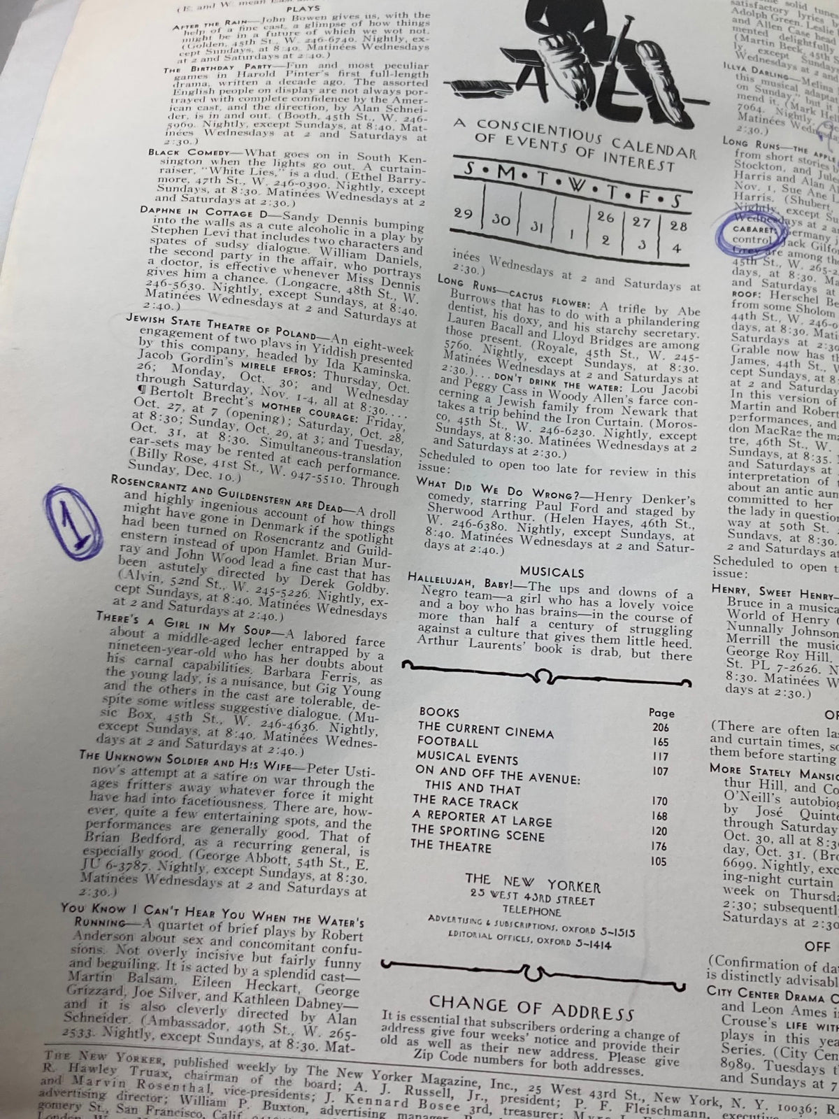 Interior page of The New Yorker Full Magazine October 28 1967, showcasing a calendar of events and articles.